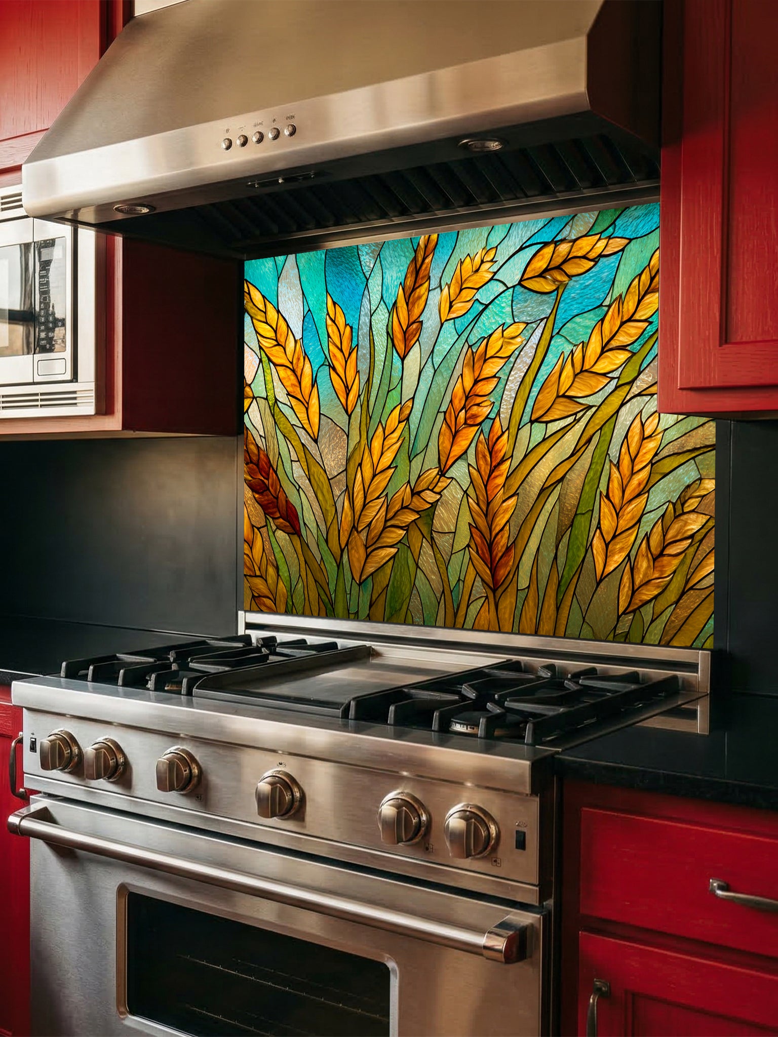 Tempered glass kitchen backsplash featuring a highly realistic 3D illusion of stained glass art showing golden amber wheat stalks swaying against a vibrant teal and turquoise sky with black faux lead lines, installed behind a modern black stove.