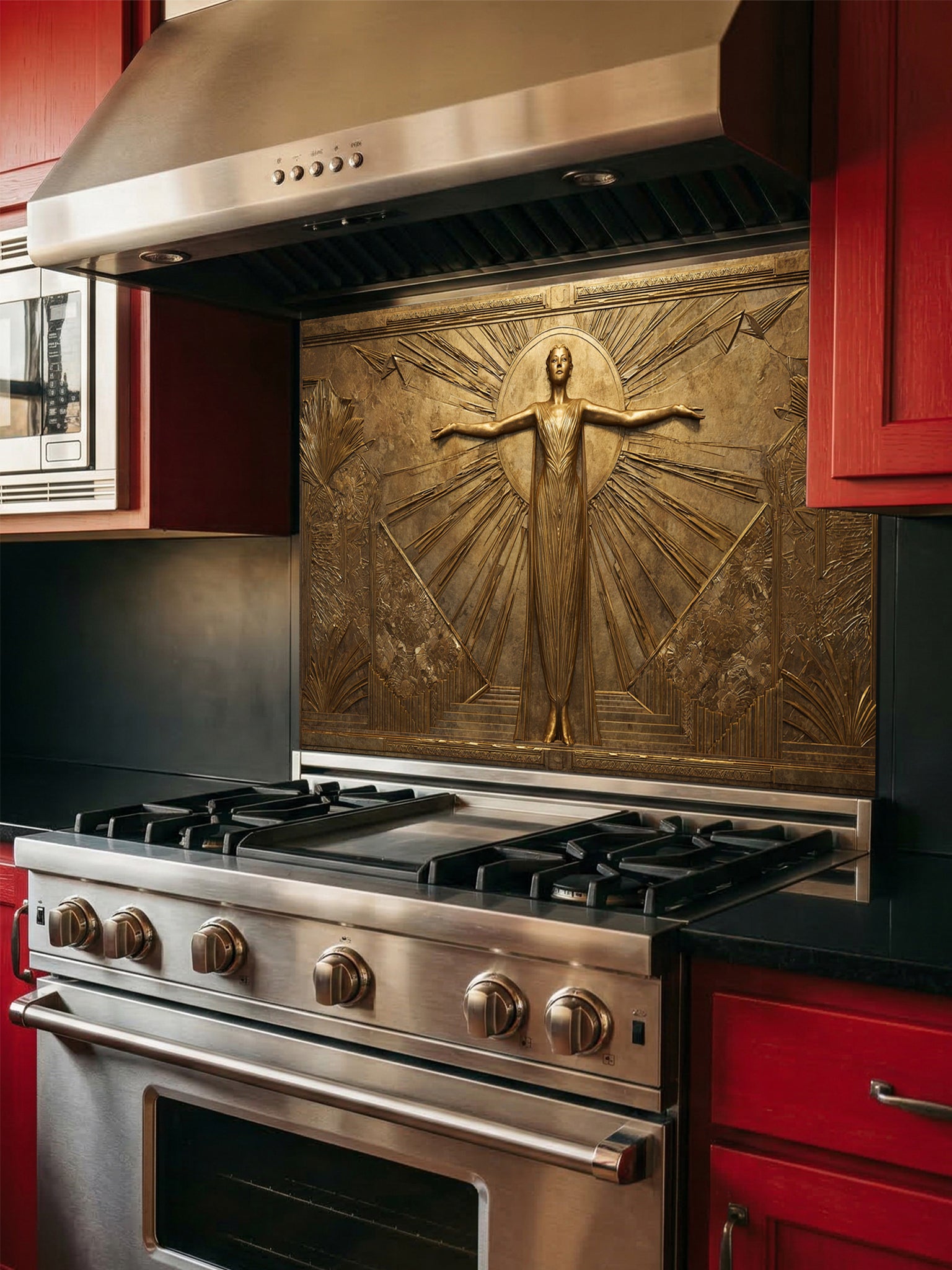 Tempered glass kitchen backsplash featuring a highly realistic 3D faux gold metal relief of a vintage Art Deco woman framed by elegant sunburst rays, installed behind a modern stainless steel stove.