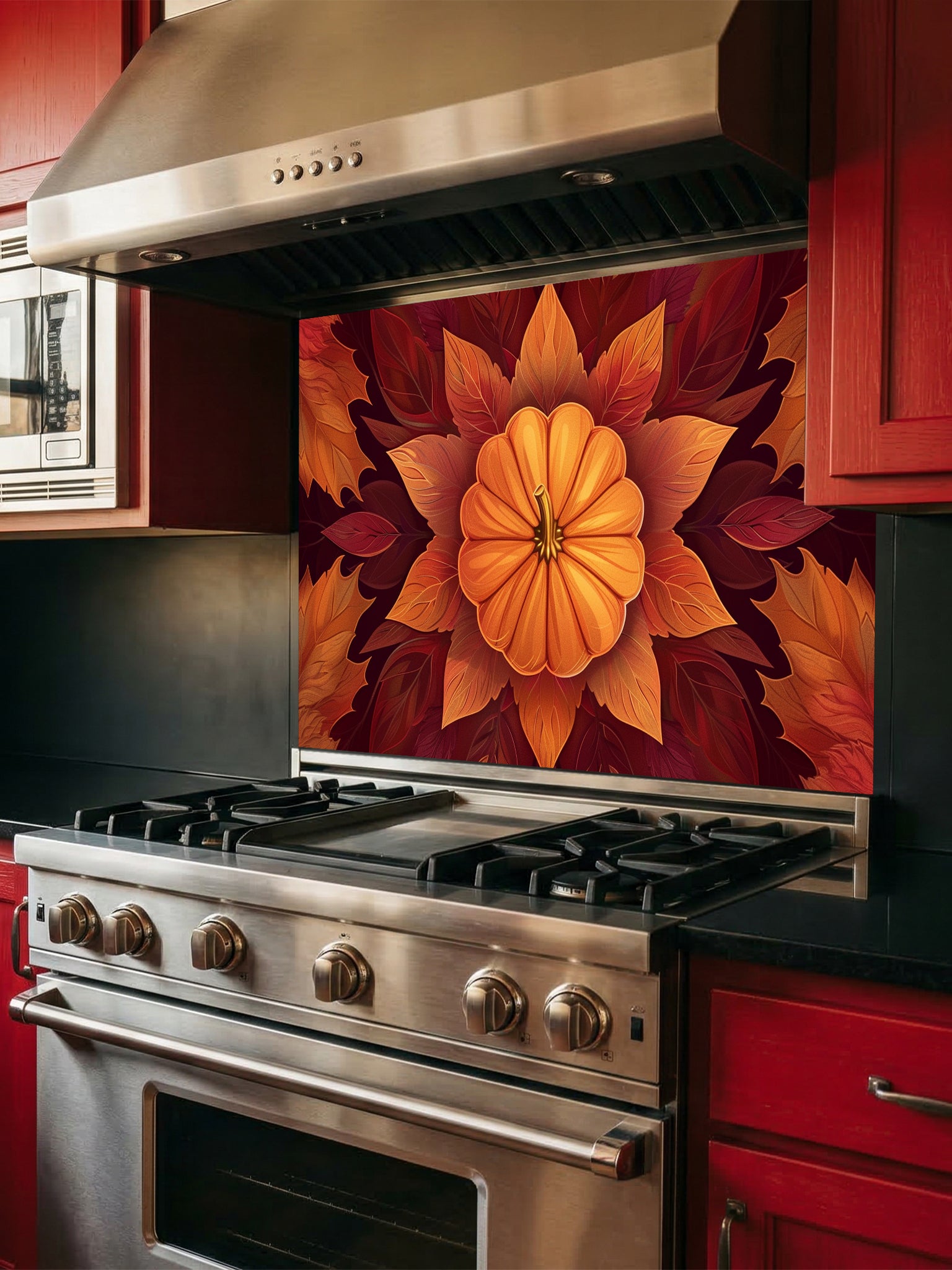 Faux 3D effect symmetrical pumpkin mandala surrounded by rich orange and burgundy autumn leaves, UV printed on a smooth tempered glass kitchen backsplash.