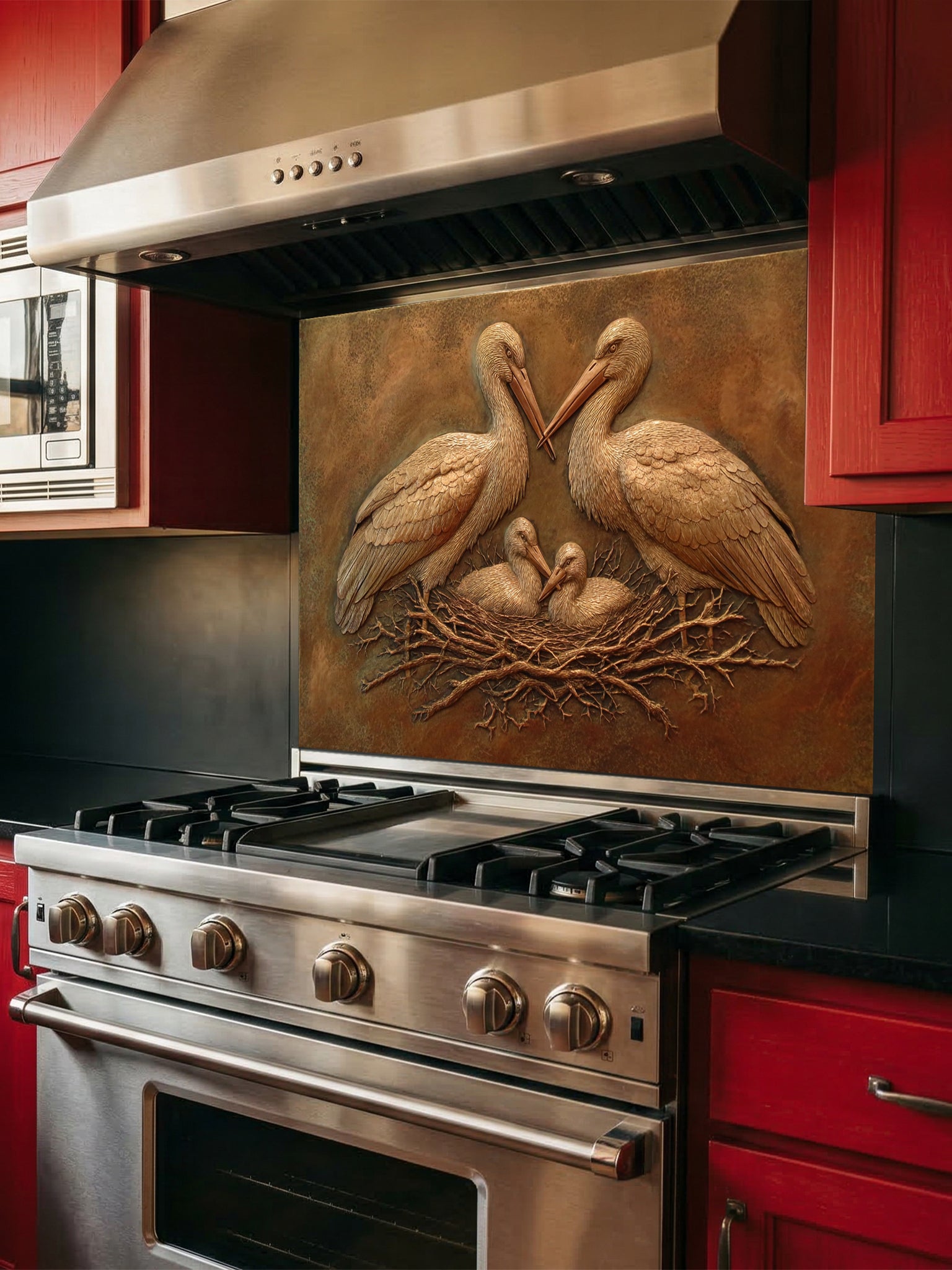 Faux 3D sculpted bronze relief of a stork family in a nest set against a rustic metallic background, UV printed on a smooth tempered glass kitchen backsplash.