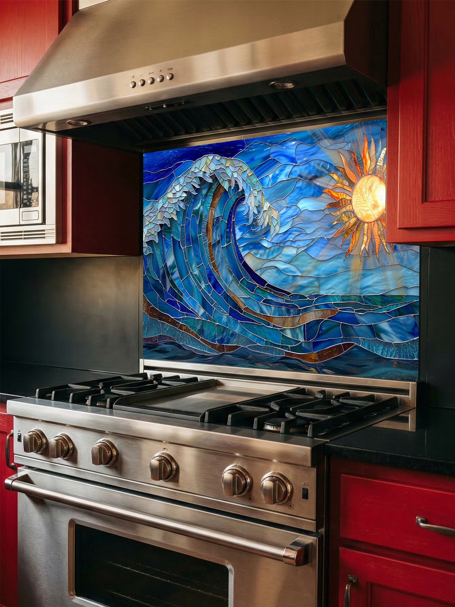 Tempered glass kitchen backsplash featuring a vibrant faux stained glass design of a dynamic crashing ocean wave in blues and teals, with a glowing golden sun and sunbeams on the right, installed behind a modern stainless steel stove.