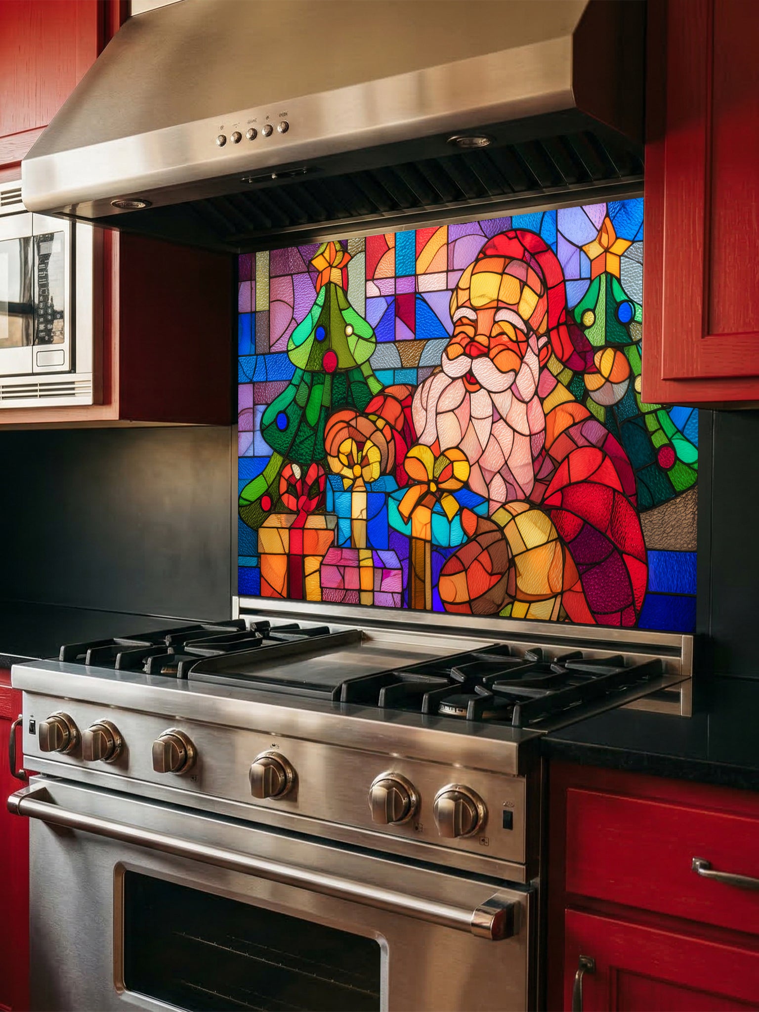 Tempered glass kitchen backsplash featuring a highly realistic 3D illusion of colorful stained glass art showing a cheerful Santa Claus surrounded by green Christmas trees and wrapped gifts in vibrant red, blue, green, and gold, installed behind a modern black stove.