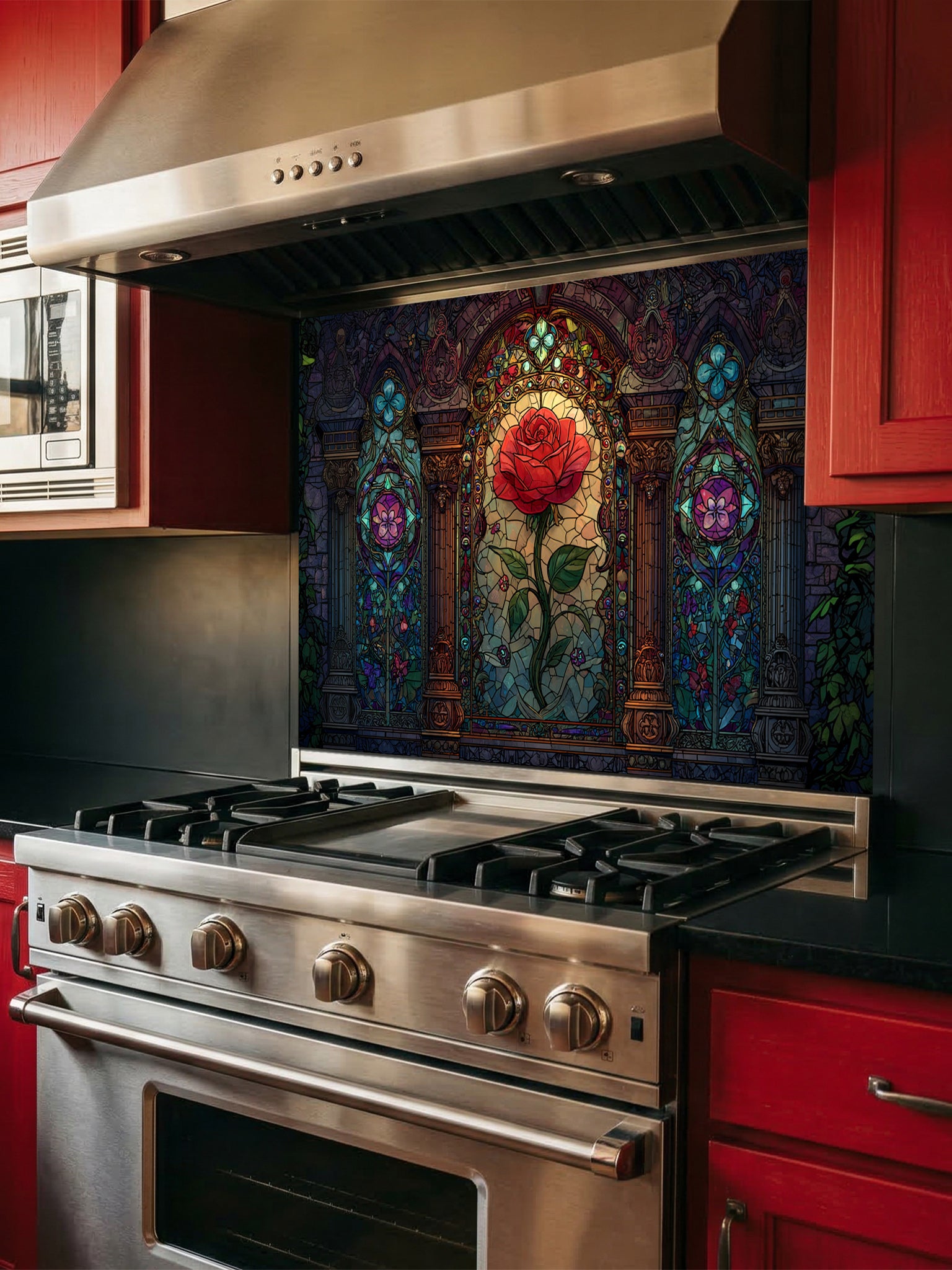 Stained glass style vibrant red rose framed by Gothic architectural arches in rich jewel tones, UV printed on a smooth tempered glass kitchen backsplash, installed behind a modern stove.