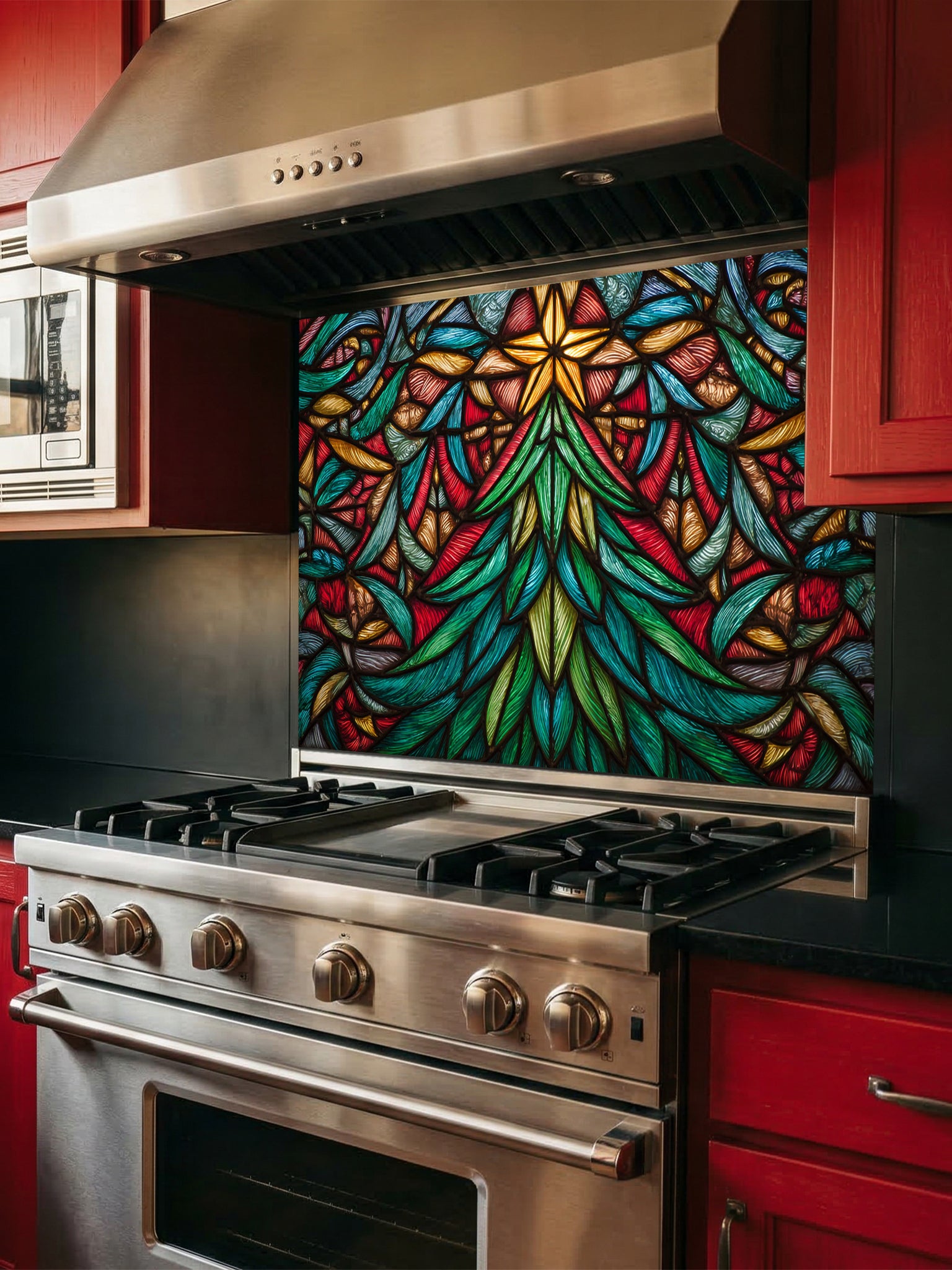 Tempered glass kitchen backsplash featuring a highly realistic 3D illusion of stained glass art showing a vibrant, symmetrical geometric Christmas tree with a glowing gold star at the top in rich jewel tones of emerald green, ruby red, and amber, installed behind a modern black stove.