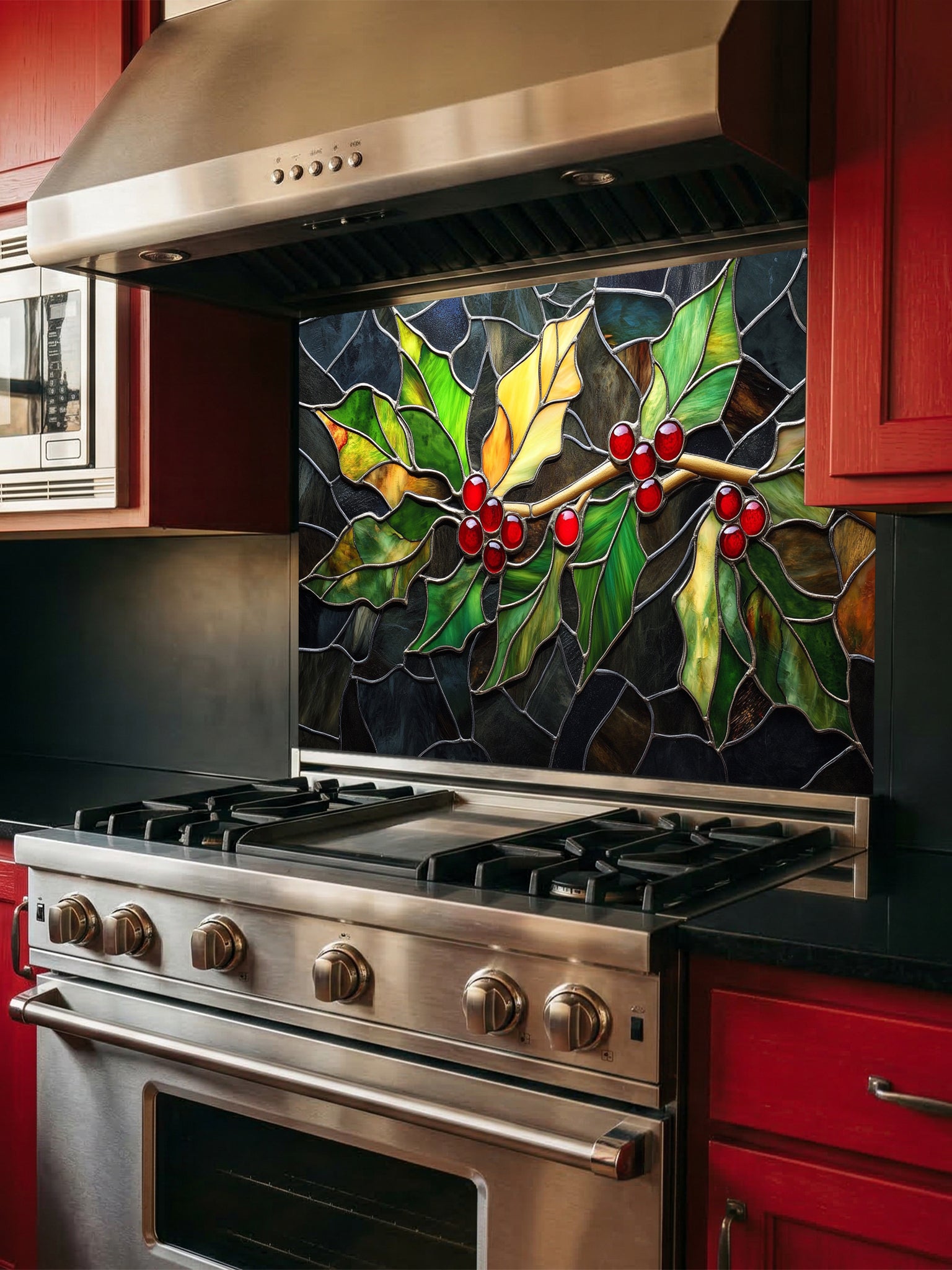 Tempered glass kitchen backsplash featuring a highly realistic 3D illusion of stained glass art showing a winter branch with vibrant green and yellow holly leaves and glowing red berries against a dark textured background, installed behind a modern black stove.