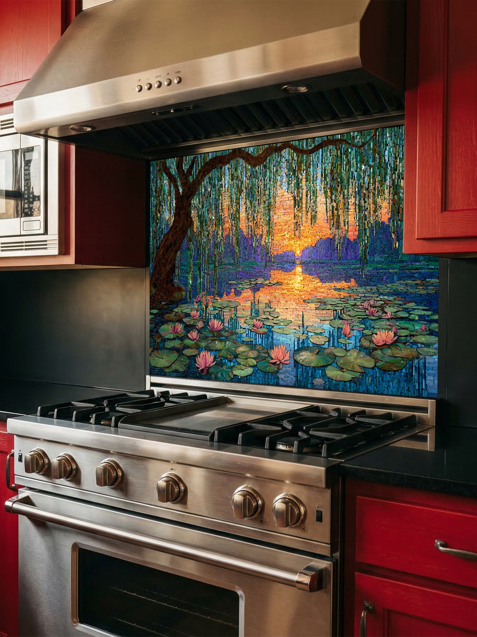 Tempered glass kitchen backsplash featuring a highly realistic 3D illusion of intricate mosaic tile art showing a majestic weeping willow tree and blooming pink water lilies on a tranquil lake during a vibrant golden and purple sunset, installed behind a modern black stove.
