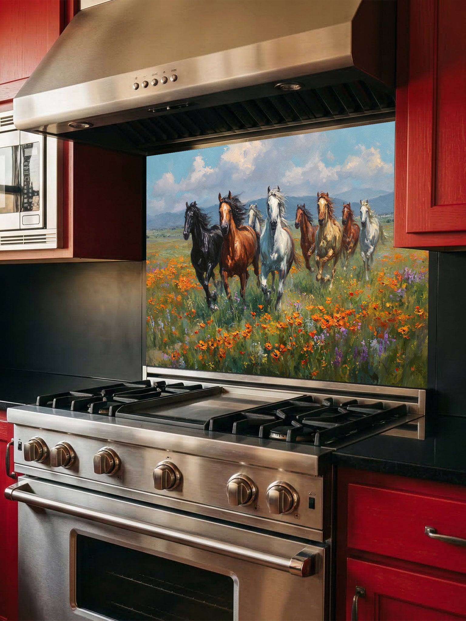 Stainless steel stove with a decorative glass backsplash featuring horses and flowers in a kitchen setting.