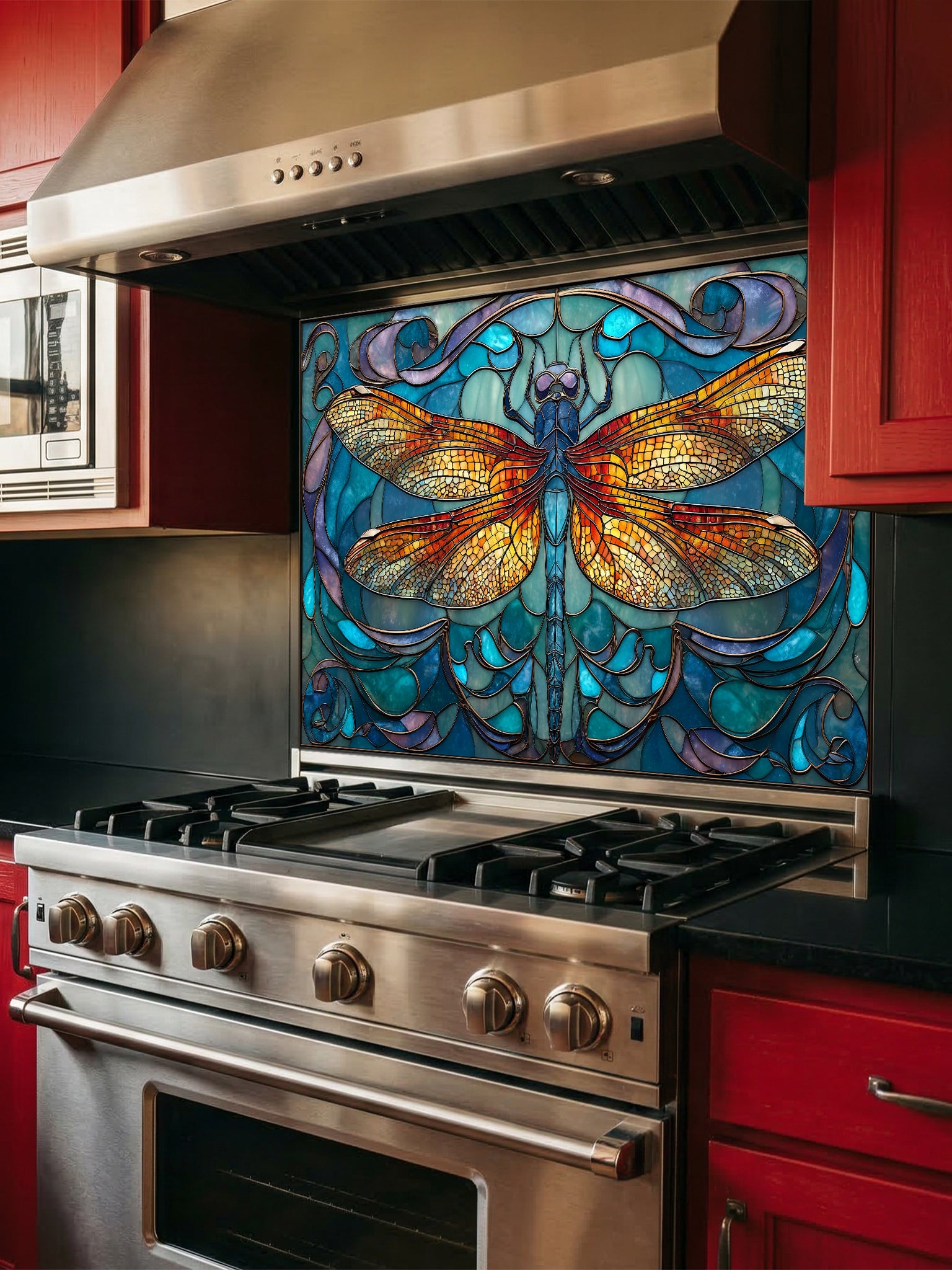 Tempered glass kitchen backsplash featuring a highly realistic 3D illusion of Art Nouveau stained glass showing a magnificent, symmetrical dragonfly with vibrant amber and gold wings set against a swirling teal, blue, and purple patterned background, installed behind a modern black stove.