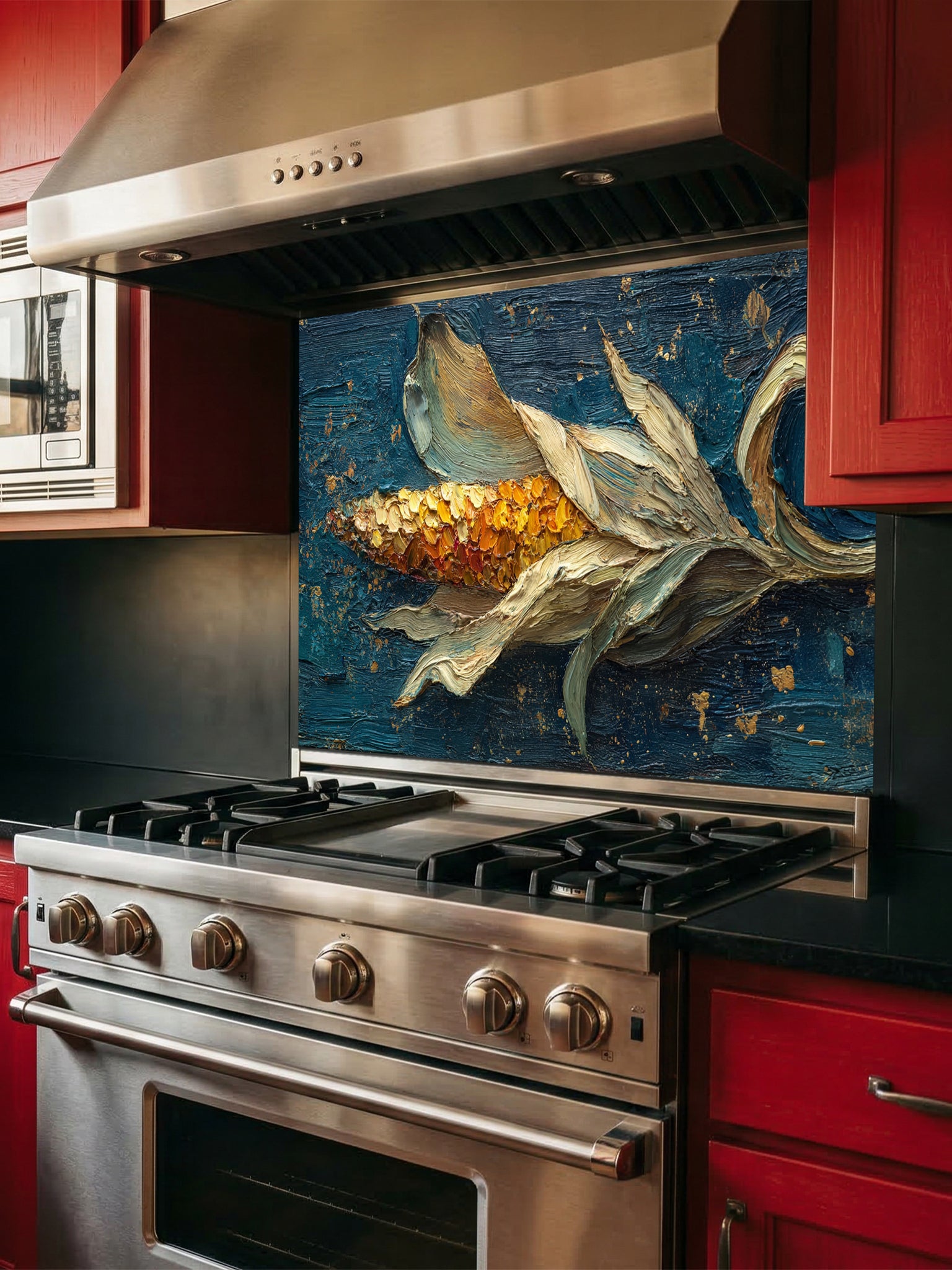 Tempered glass kitchen backsplash featuring a highly realistic 3D illusion of a thick impasto oil painting created with a palette knife, showing a golden ear of corn with flowing husks against a dark teal background with gold splatters, installed behind a modern black stove.
