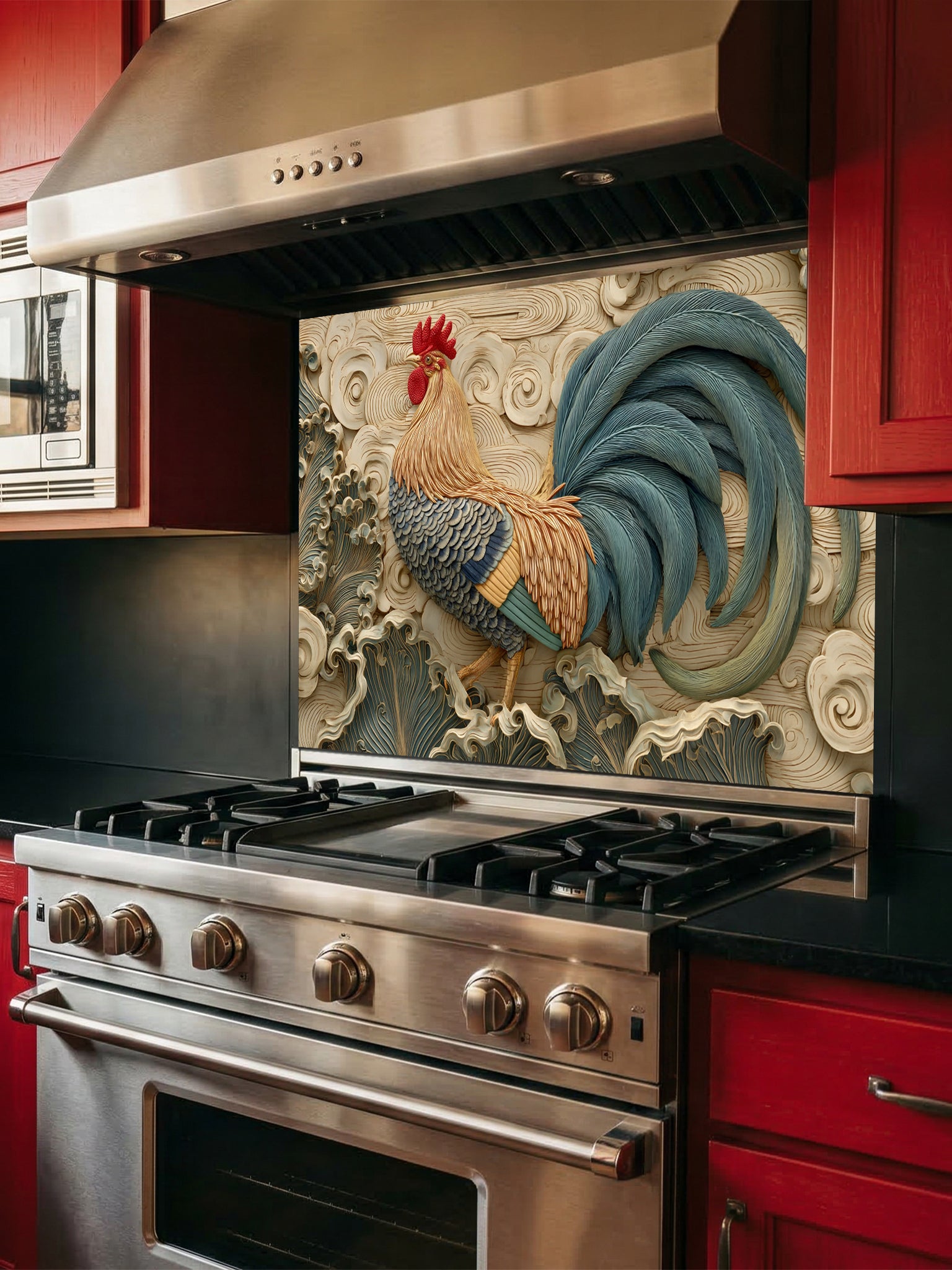 Tempered glass kitchen backsplash featuring a highly realistic 3D illusion of an intricately carved bas-relief sculpture showing a proud rooster with teal and amber feathers against a dynamic background of flowing, stylized swirling clouds and wind motifs in warm cream tones, installed behind a modern black stove.