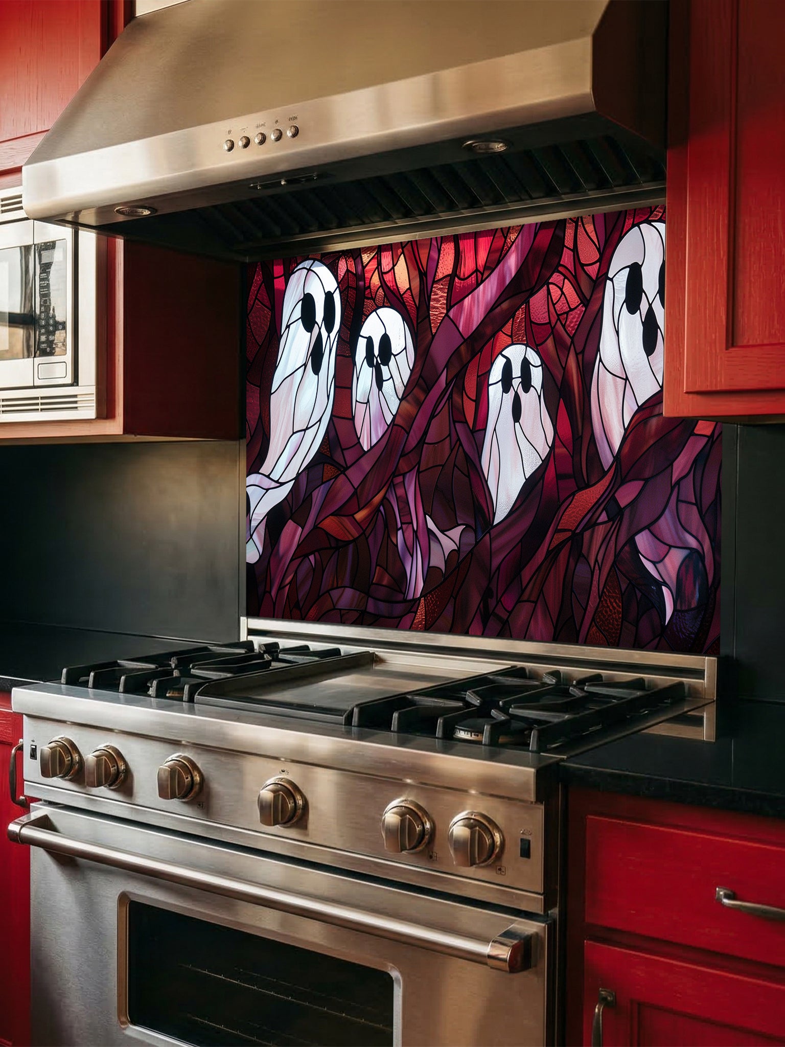 Tempered glass kitchen backsplash featuring a highly realistic 3D illusion of macabre stained glass art showing spooky white ghosts floating among twisted dark red and purple haunted forest branches, installed behind a modern stainless steel stove.