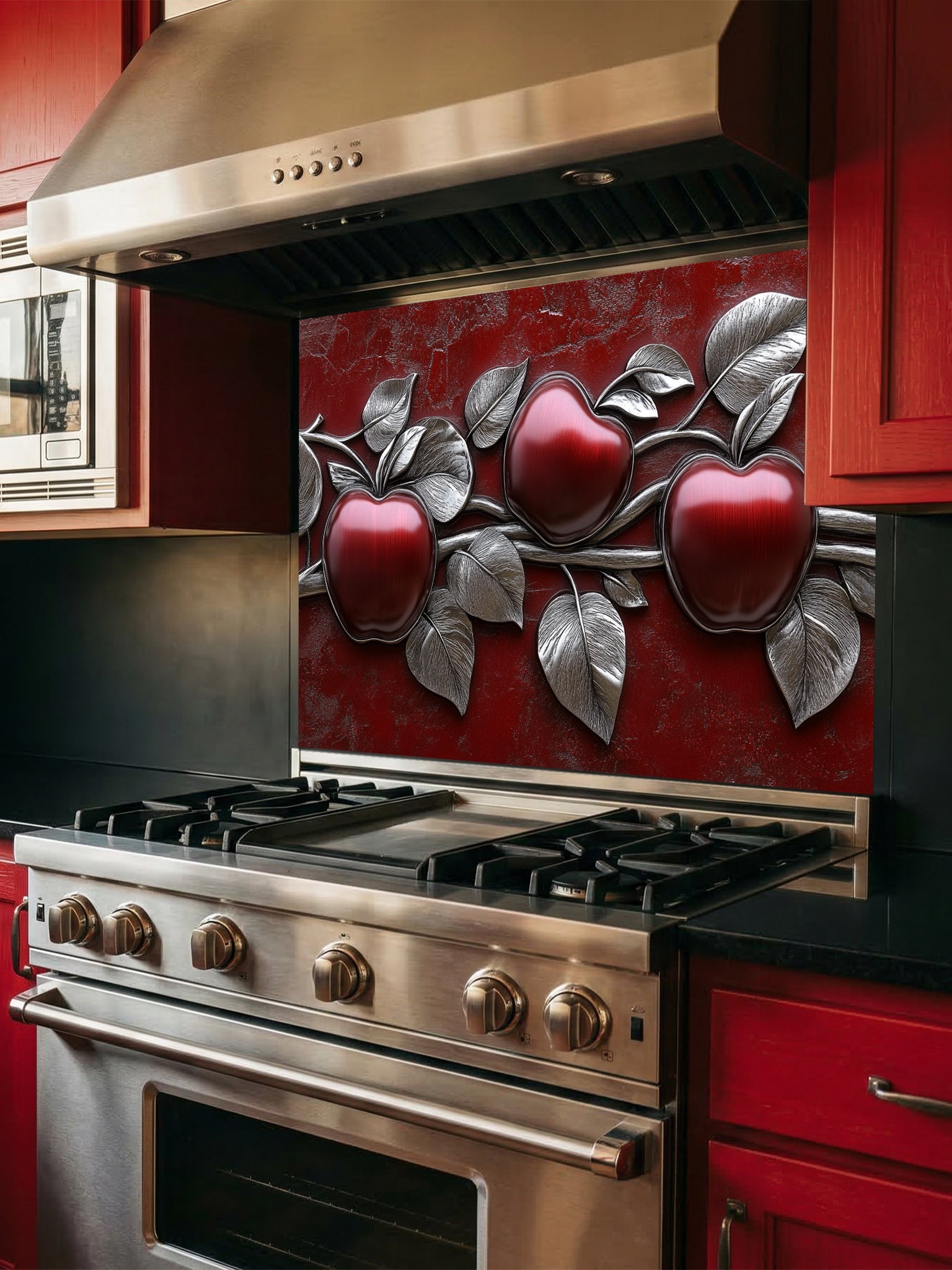 Faux 3D effect glossy red apples and metallic silver leaves on a textured crimson background, UV printed on a smooth tempered glass kitchen backsplash.