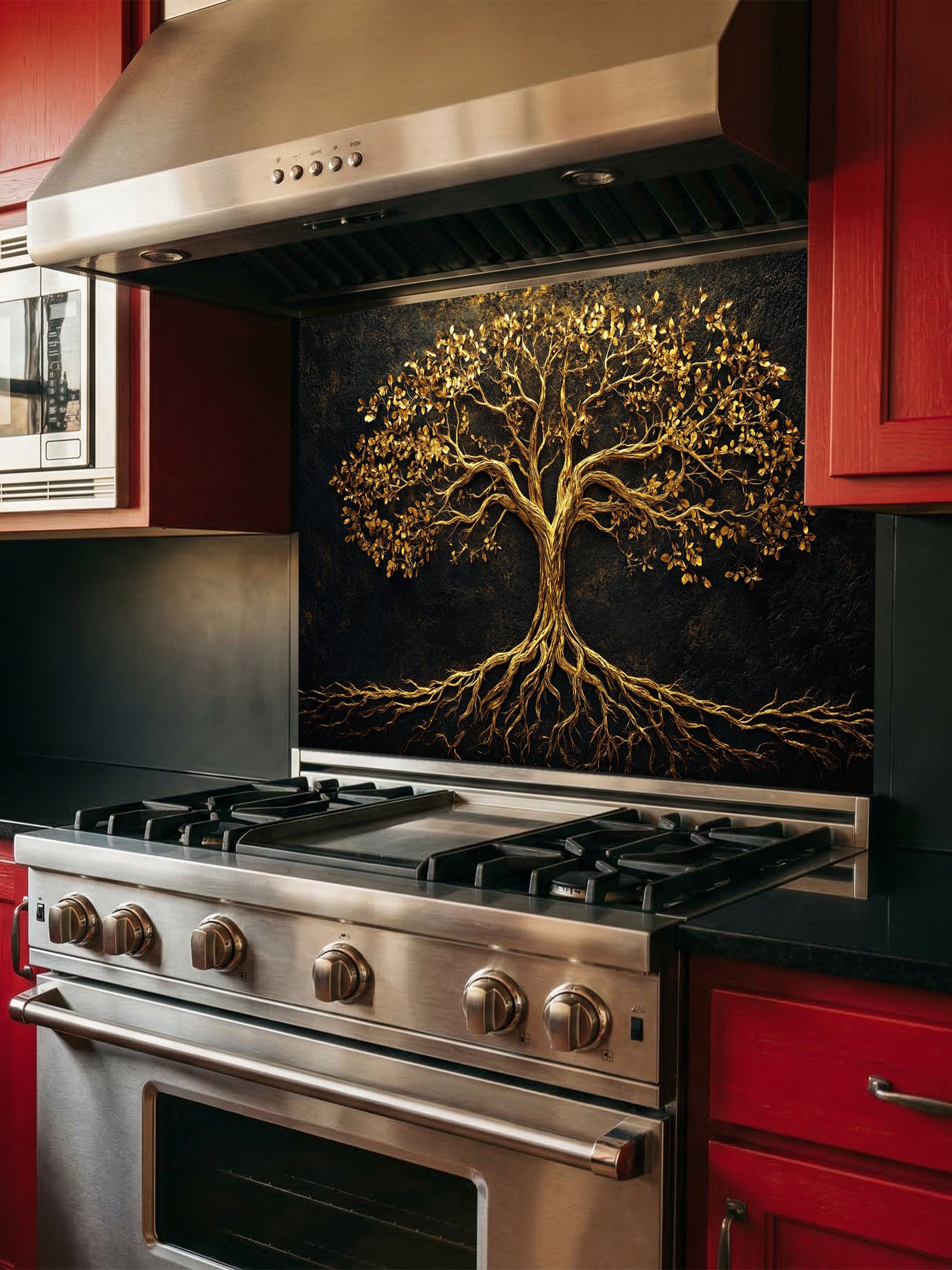 Abstract luxury fine art style Tree of Life featuring faux gold leaf and metallic textures, UV printed on a smooth tempered glass kitchen backsplash.