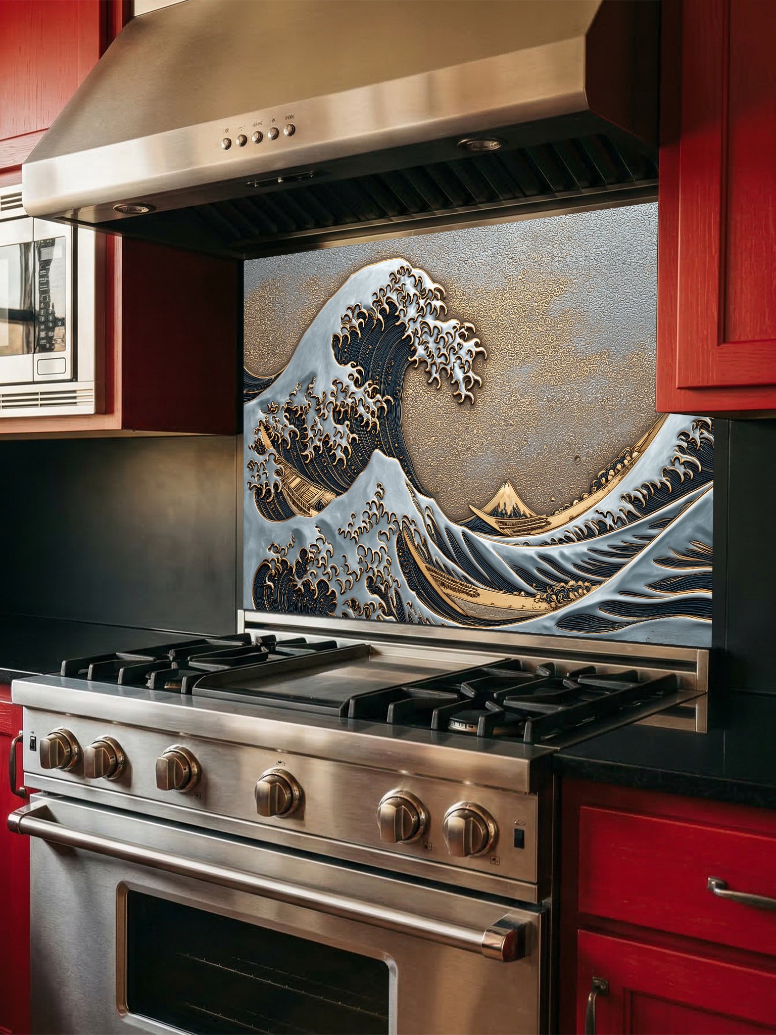 Faux 3D sculpted mixed metal relief of the Great Wave featuring silver crests, deep navy blue water, and a textured gold sky, UV printed on a smooth tempered glass kitchen backsplash.