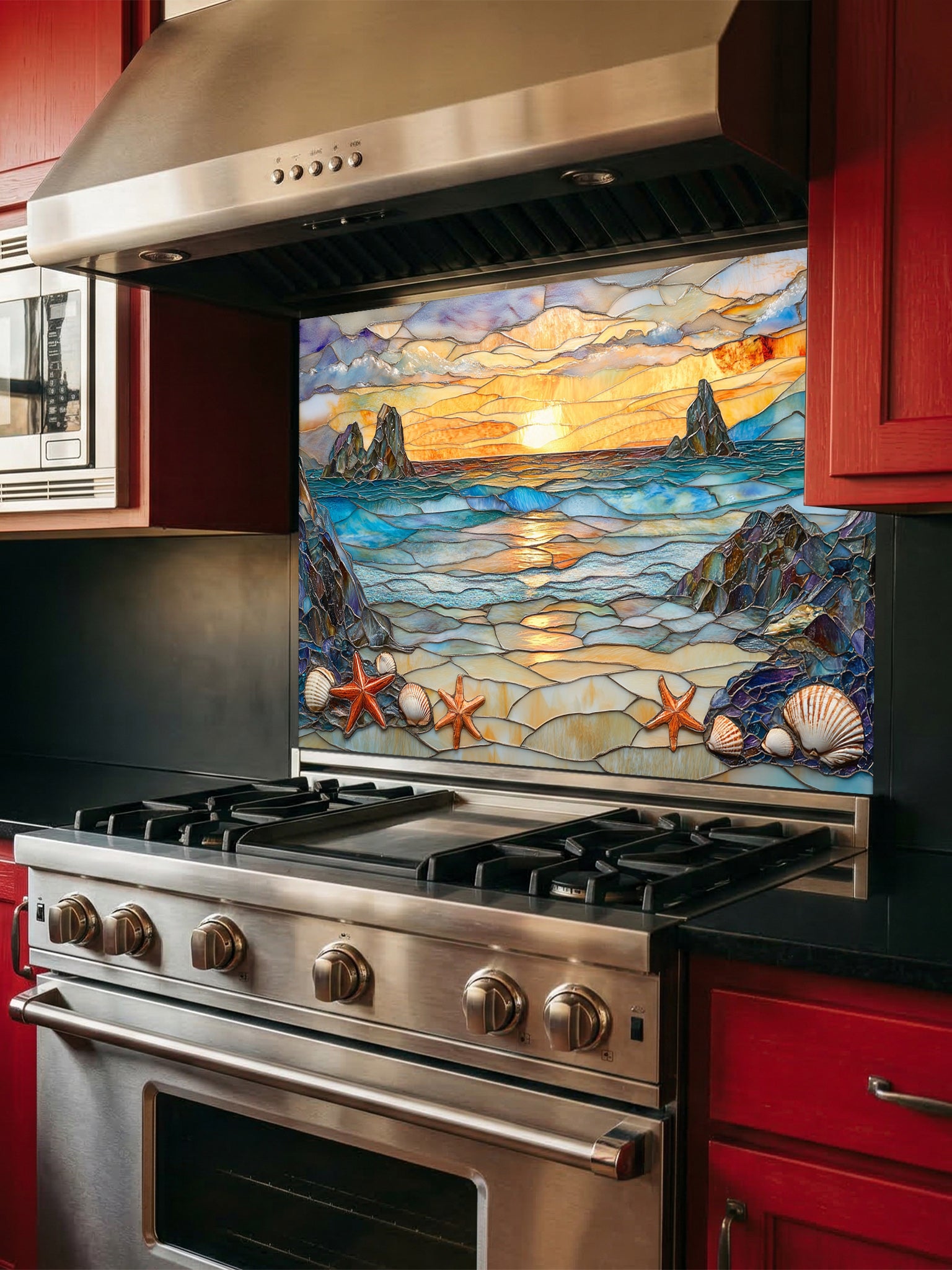 Stained glass style beach sunset with ocean waves, rocky cliffs, seashells, and starfish, UV printed on a smooth tempered glass kitchen backsplash, installed behind a modern stove.