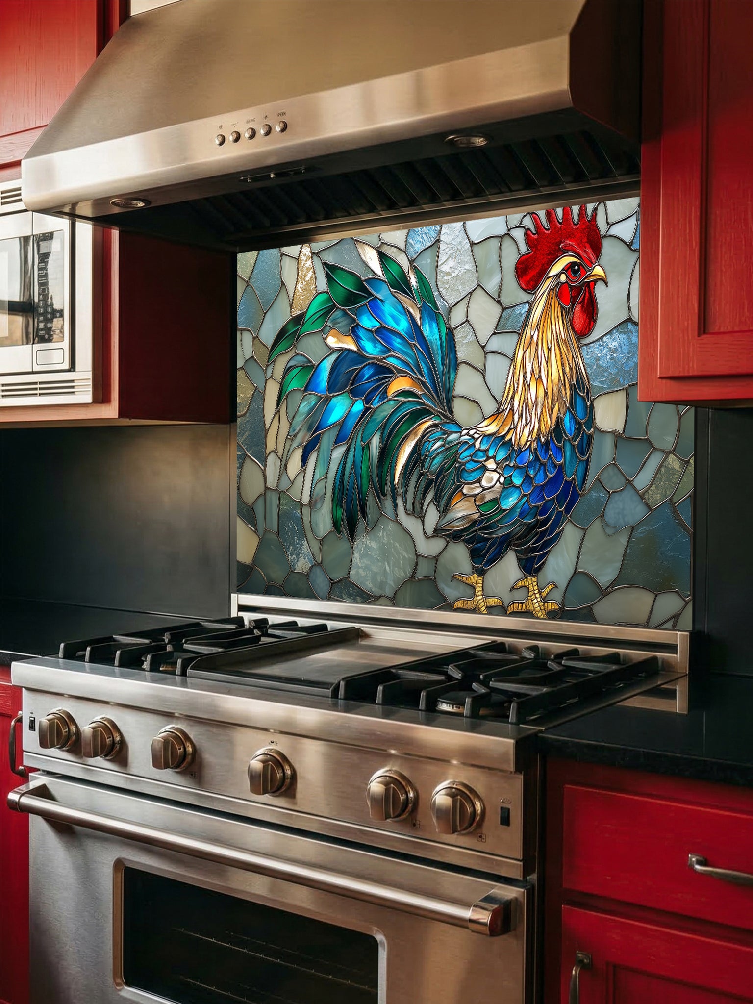 Tempered glass kitchen backsplash featuring a vibrant faux stained glass design of a rooster with striking teal and blue tail feathers against a light icy blue mosaic background, installed behind a modern stainless steel stove.