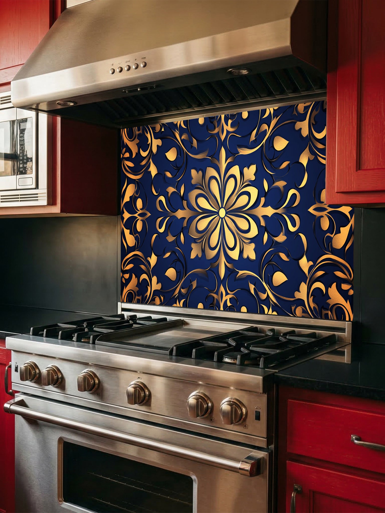 Elegant faux embossed gold damask floral mandala pattern on a deep midnight navy blue background, UV printed on a smooth tempered glass kitchen backsplash.
