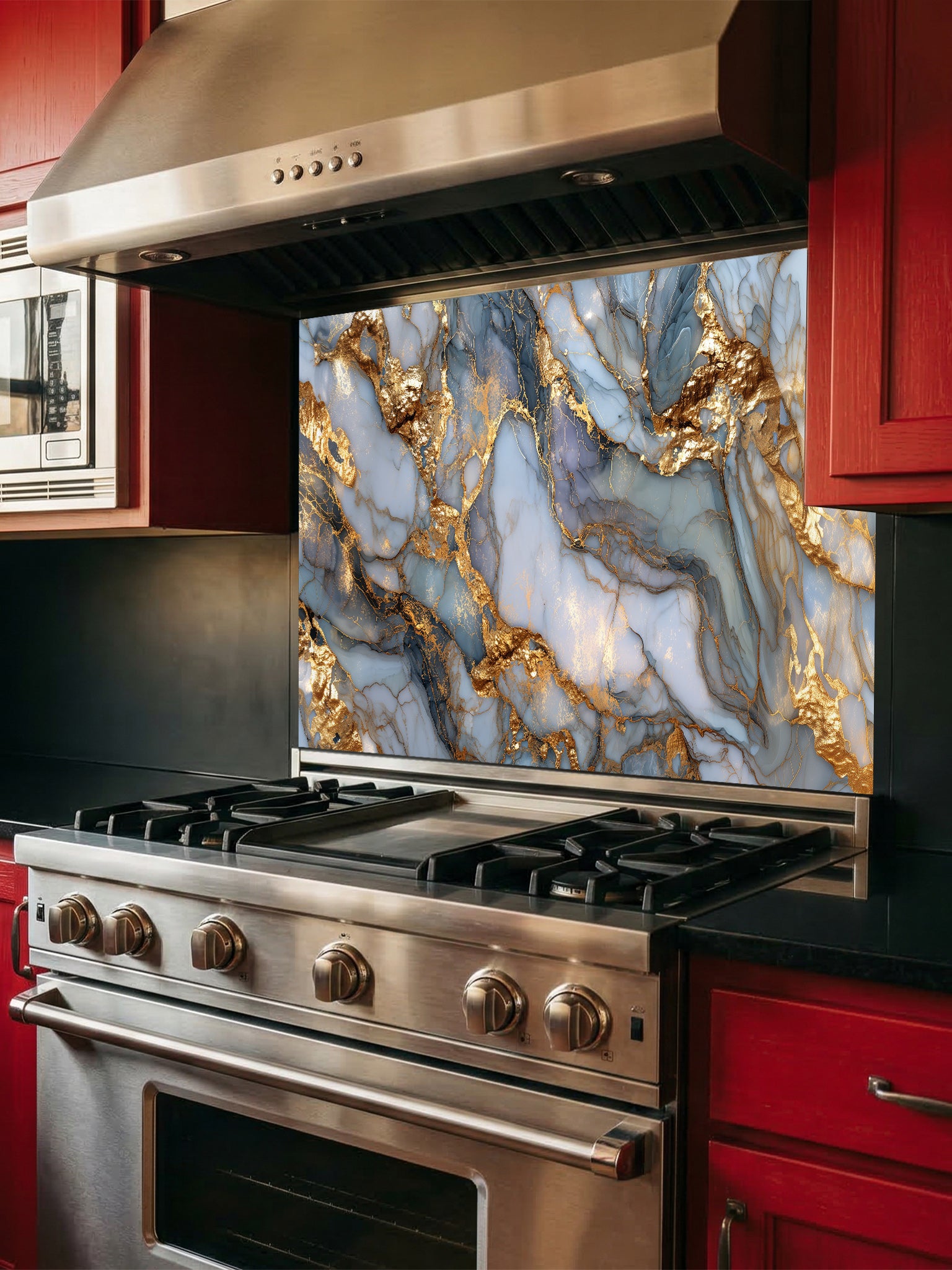 Stainless steel stove with marble backsplash in a kitchen setting