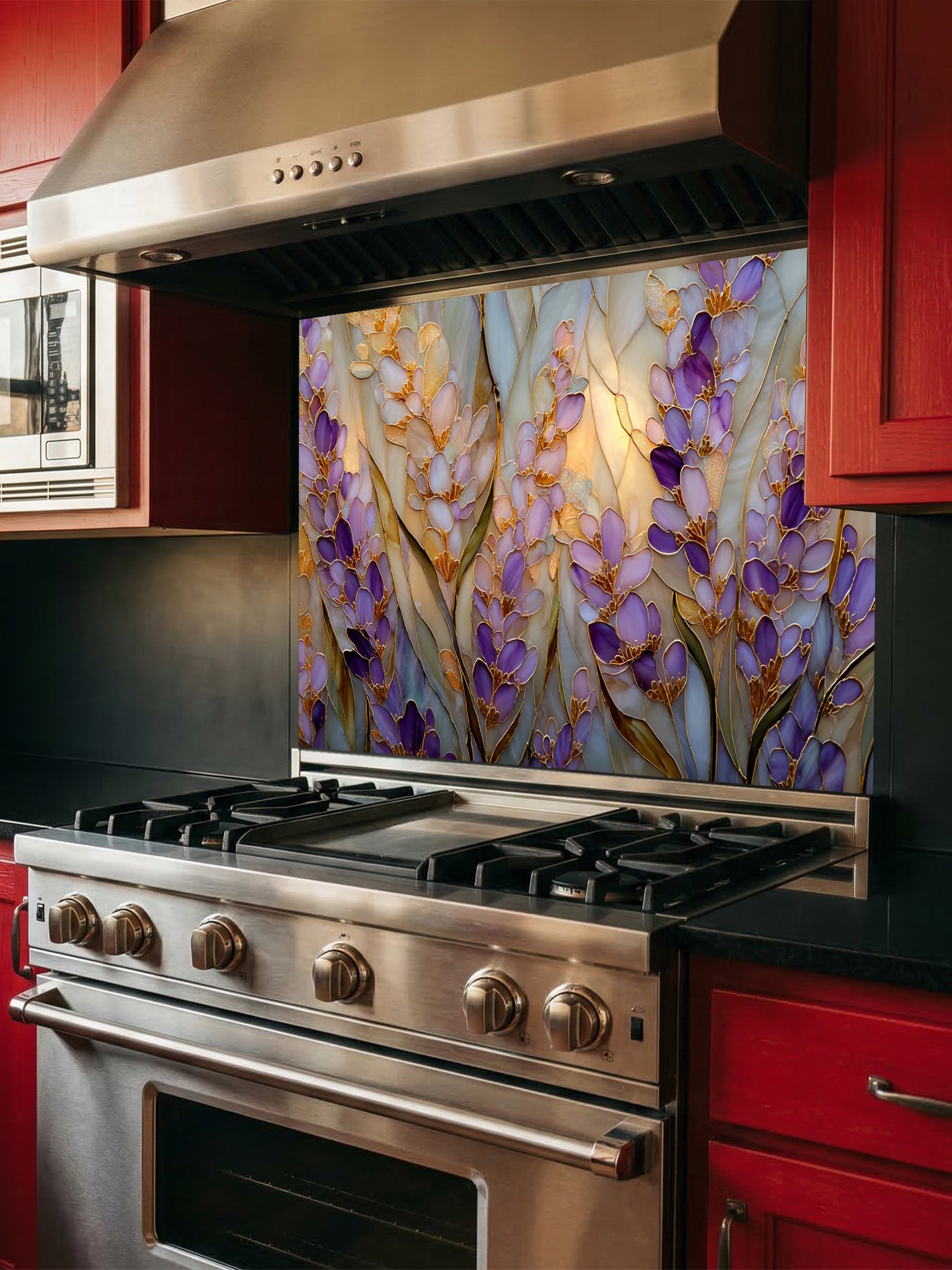 Tempered glass kitchen backsplash featuring a highly realistic 3D illusion of Art Nouveau stained glass art showing elegant, sweeping clusters of purple lavender and lilac blossoms with green leaves outlined in gold against a warm amber background, installed behind a modern black stove.