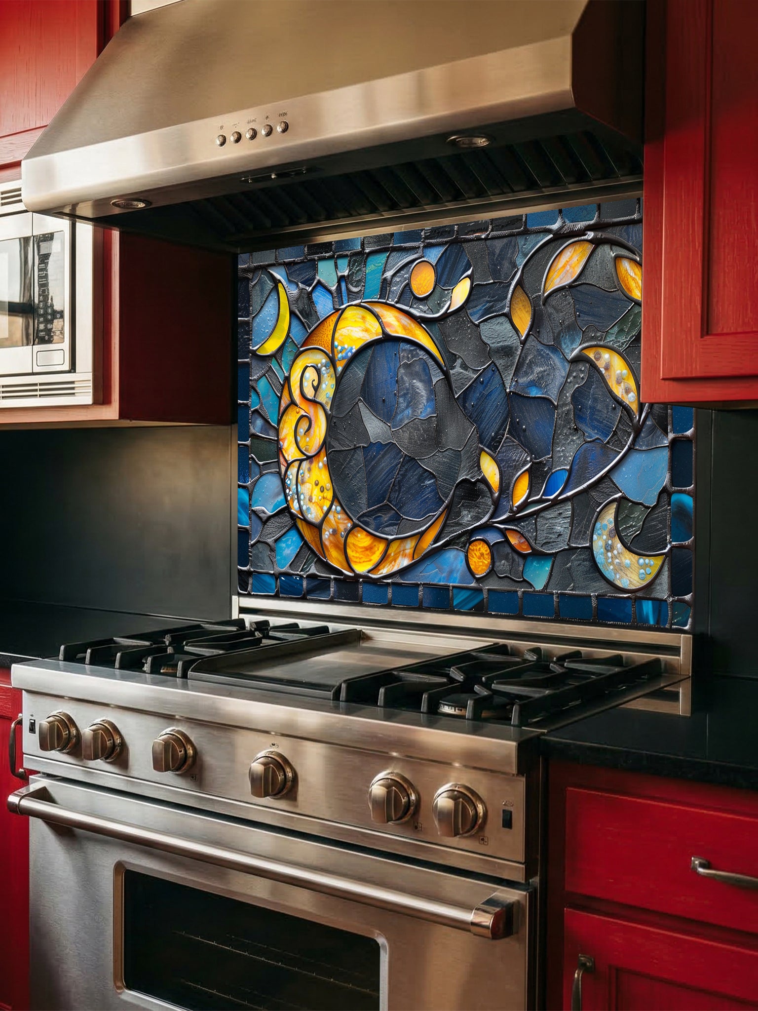 Tempered glass kitchen backsplash featuring a highly realistic 3D illusion of an abstract mosaic moon glowing in amber and gold against a swirling midnight blue and charcoal background, installed behind a modern black stove.