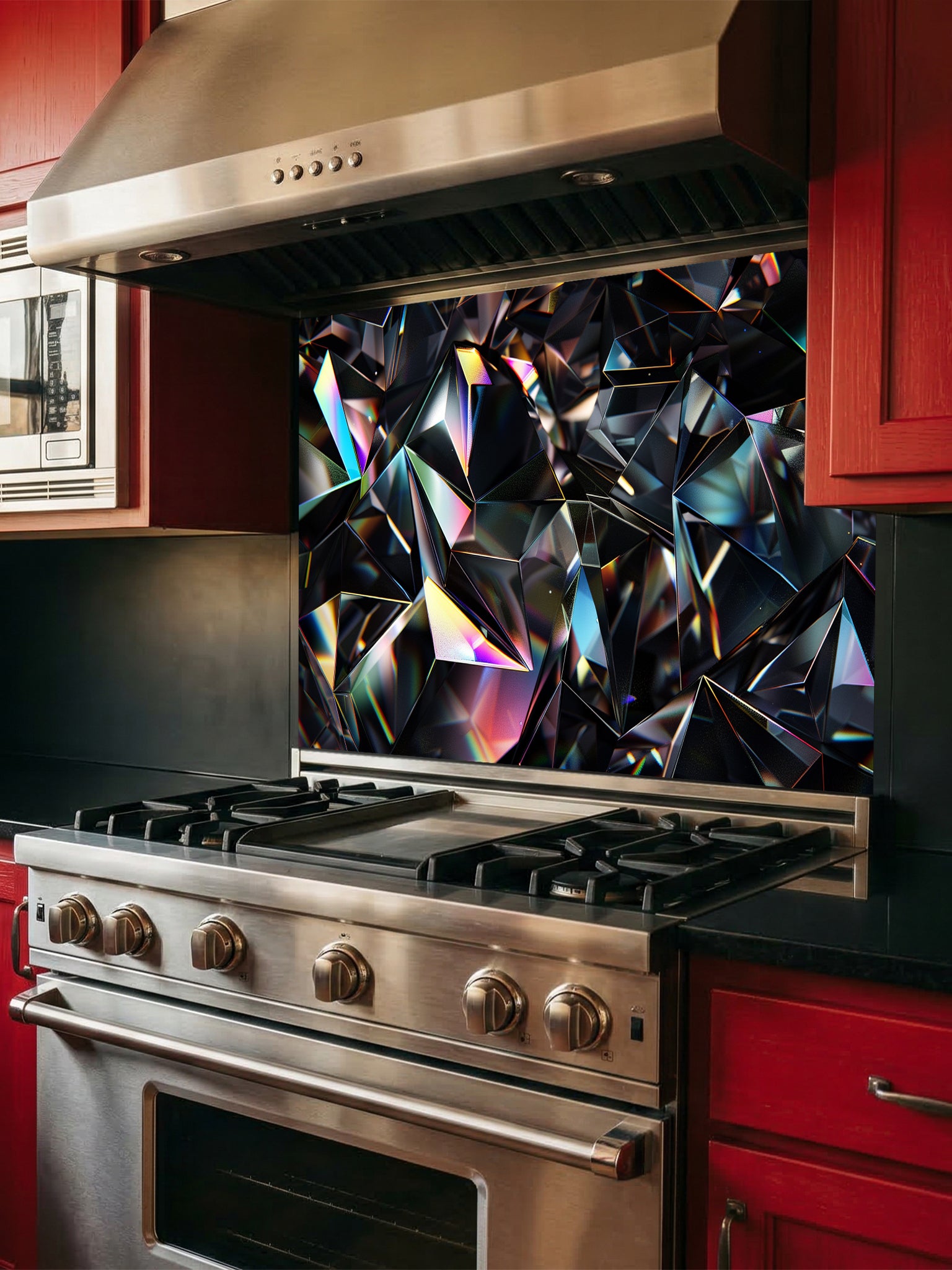 Faux 3D effect dark geometric crystal facets with iridescent rainbow edges, UV printed on a smooth tempered glass kitchen backsplash, installed behind a modern stove.