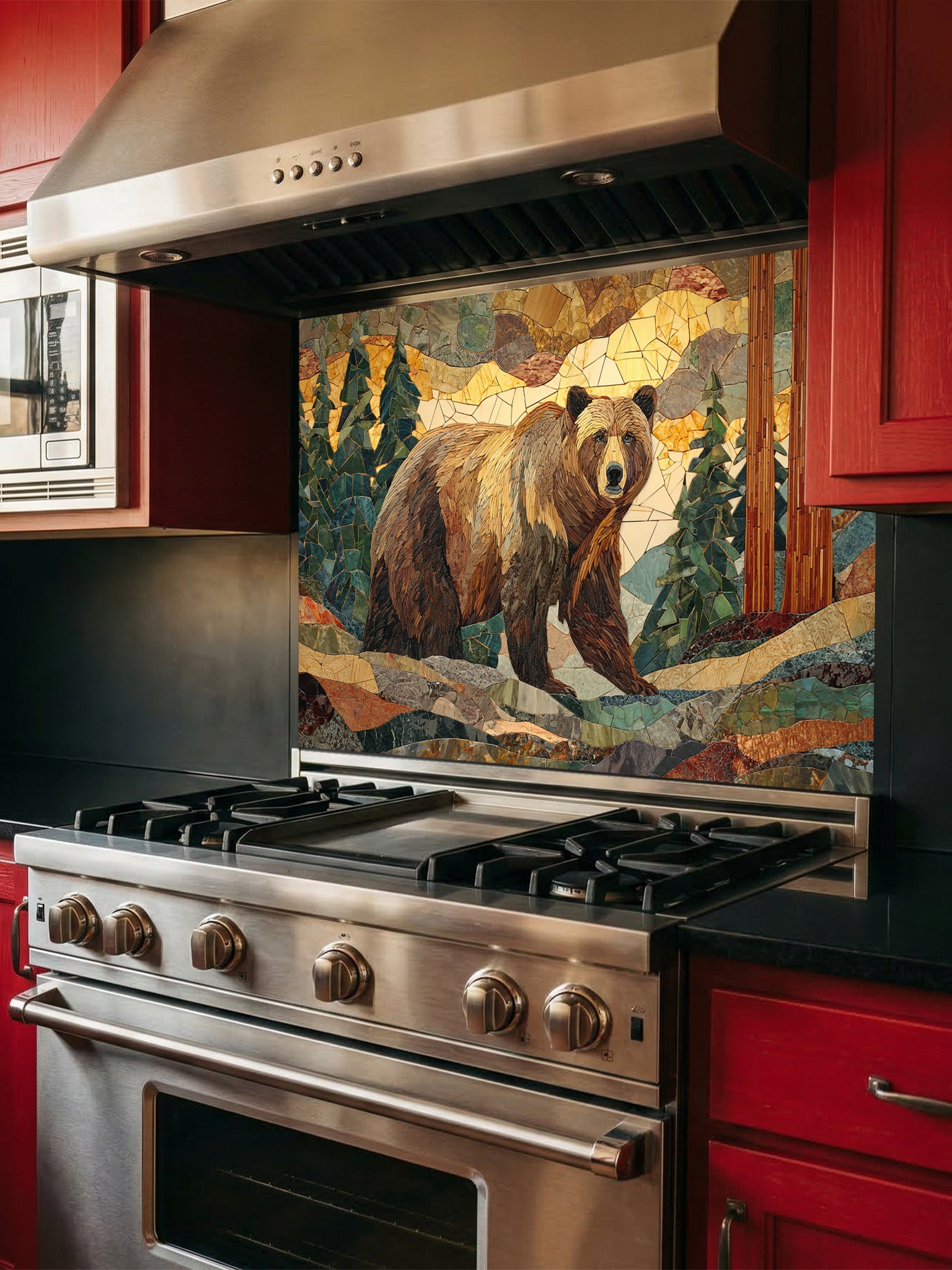 Tempered glass kitchen backsplash featuring a highly realistic 3D illusion of a rugged stone mosaic artwork showing a majestic brown bear walking through a forest of pine trees and mountains in earthy brown, green, and golden tones, installed behind a modern black stove.