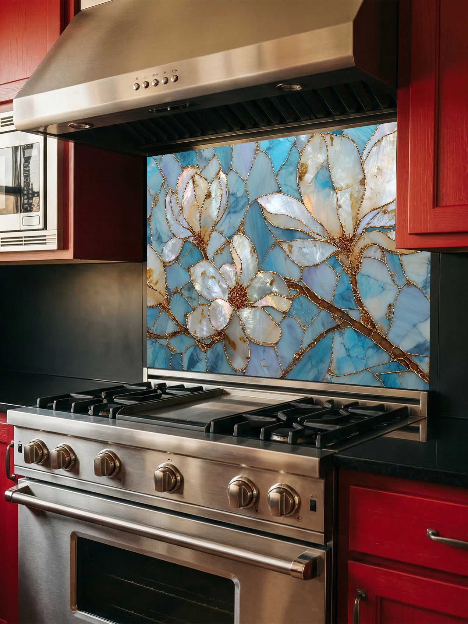 Stained glass style white magnolia flowers with gold veining on a beautiful cracked blue agate background, UV printed on a smooth tempered glass kitchen backsplash, installed behind a modern stove.