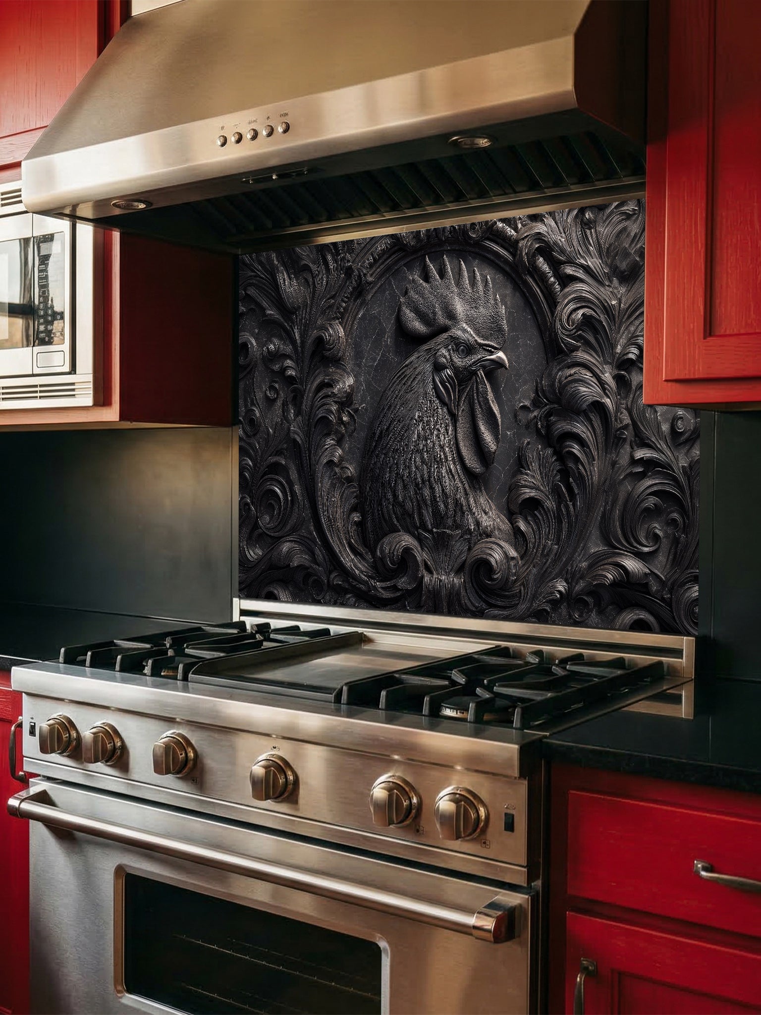 Faux 3D effect dark stone relief carving of a rooster and ornate scrollwork, UV printed on a smooth tempered glass kitchen backsplash, installed behind a modern stove.