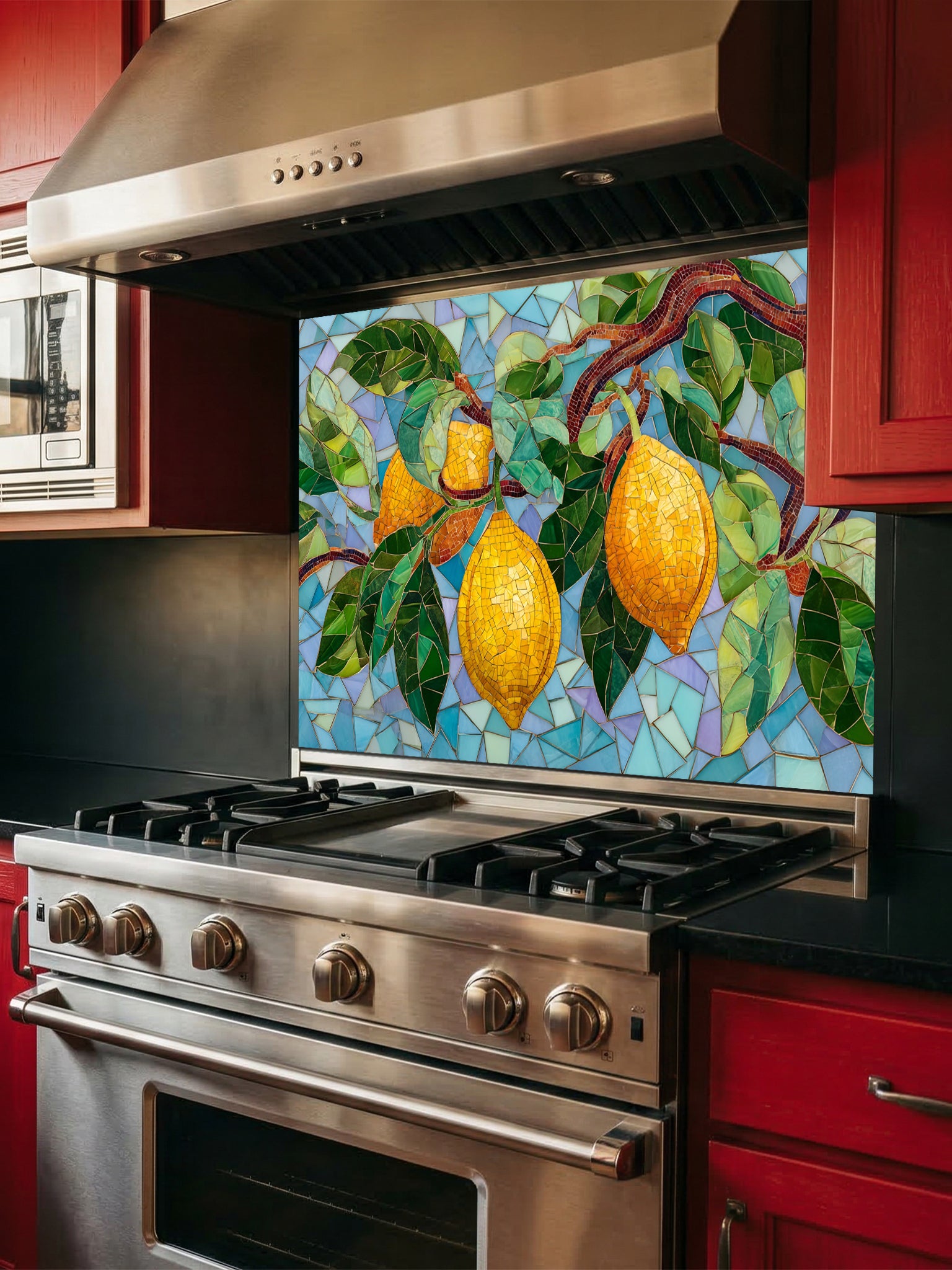 Tempered glass kitchen backsplash featuring a highly realistic 3D illusion of mosaic tile art showing bright yellow lemons and lush green leaves on a branch against a multi-toned light blue and teal mosaic background, installed behind a modern black stove.
