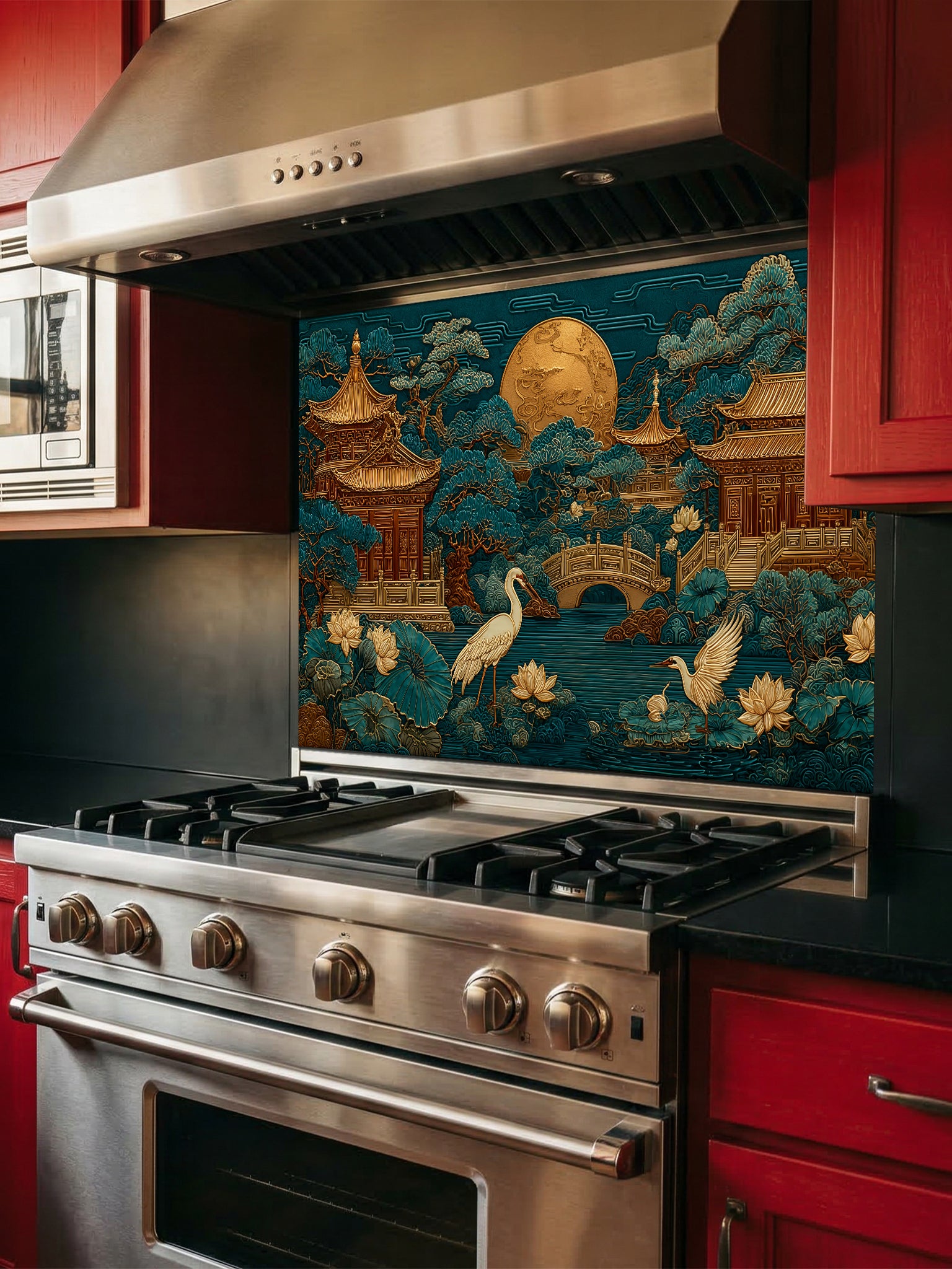 Faux 3D sculpted relief of an Asian landscape featuring golden pagodas, cranes, and a full moon against a deep teal background, UV printed on a smooth tempered glass kitchen backsplash.