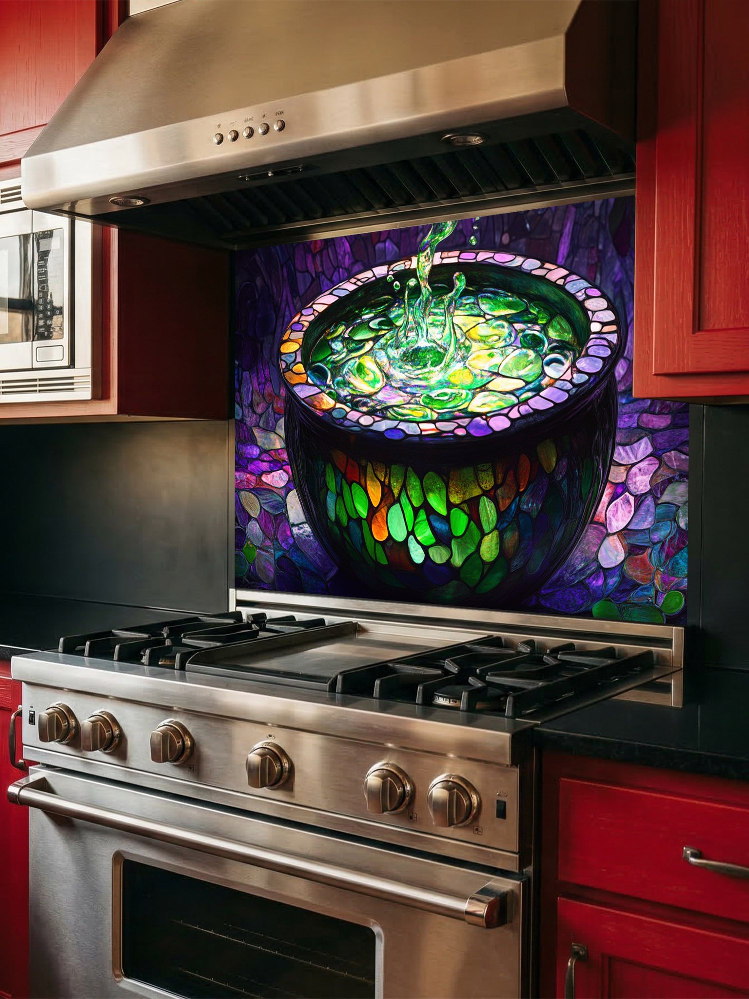 Tempered glass kitchen backsplash featuring a highly realistic 3D illusion of stained glass and mosaic art showing a dark magical cauldron filled with a splashing, glowing neon green potion against a deep purple cobblestone background, installed behind a modern stainless steel stove.