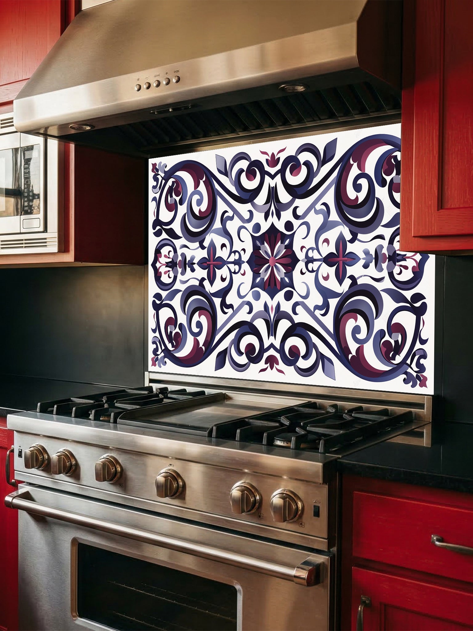 Tempered glass kitchen backsplash featuring a highly realistic illusion of classic Mediterranean or Moroccan tiles, showcasing an elegant, symmetrical Damask pattern in deep navy blue, plum, and grey on a white background, installed behind a modern black stove.