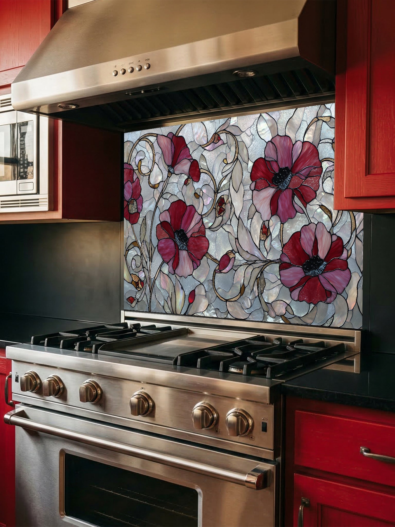 Faux stained glass pattern featuring deep crimson red poppy flowers and swirling vines against an iridescent mother-of-pearl mosaic background, UV printed on a smooth tempered glass kitchen backsplash.