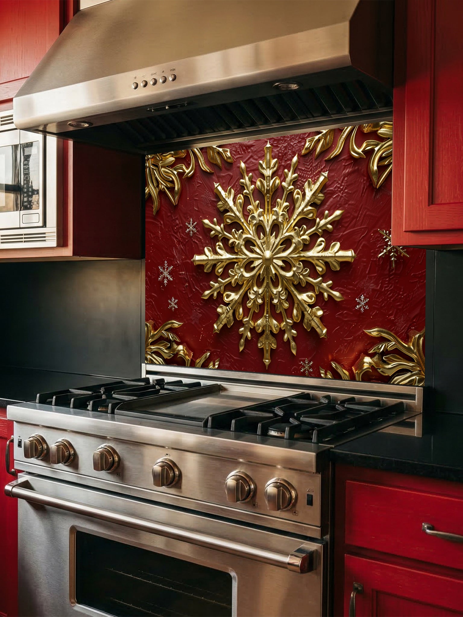 Tempered glass kitchen backsplash featuring a highly realistic 3D illusion of an ornate, embossed gold snowflake surrounded by smaller snowflakes and elegant golden corner flourishes against a rich, textured burgundy red background, installed behind a modern black stove.