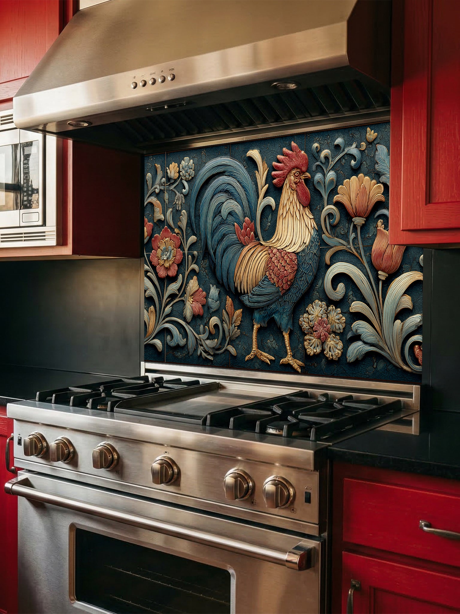Faux 3D carved relief of a majestic rooster and floral motifs in teal and rust tones, UV printed on a smooth tempered glass kitchen backsplash.