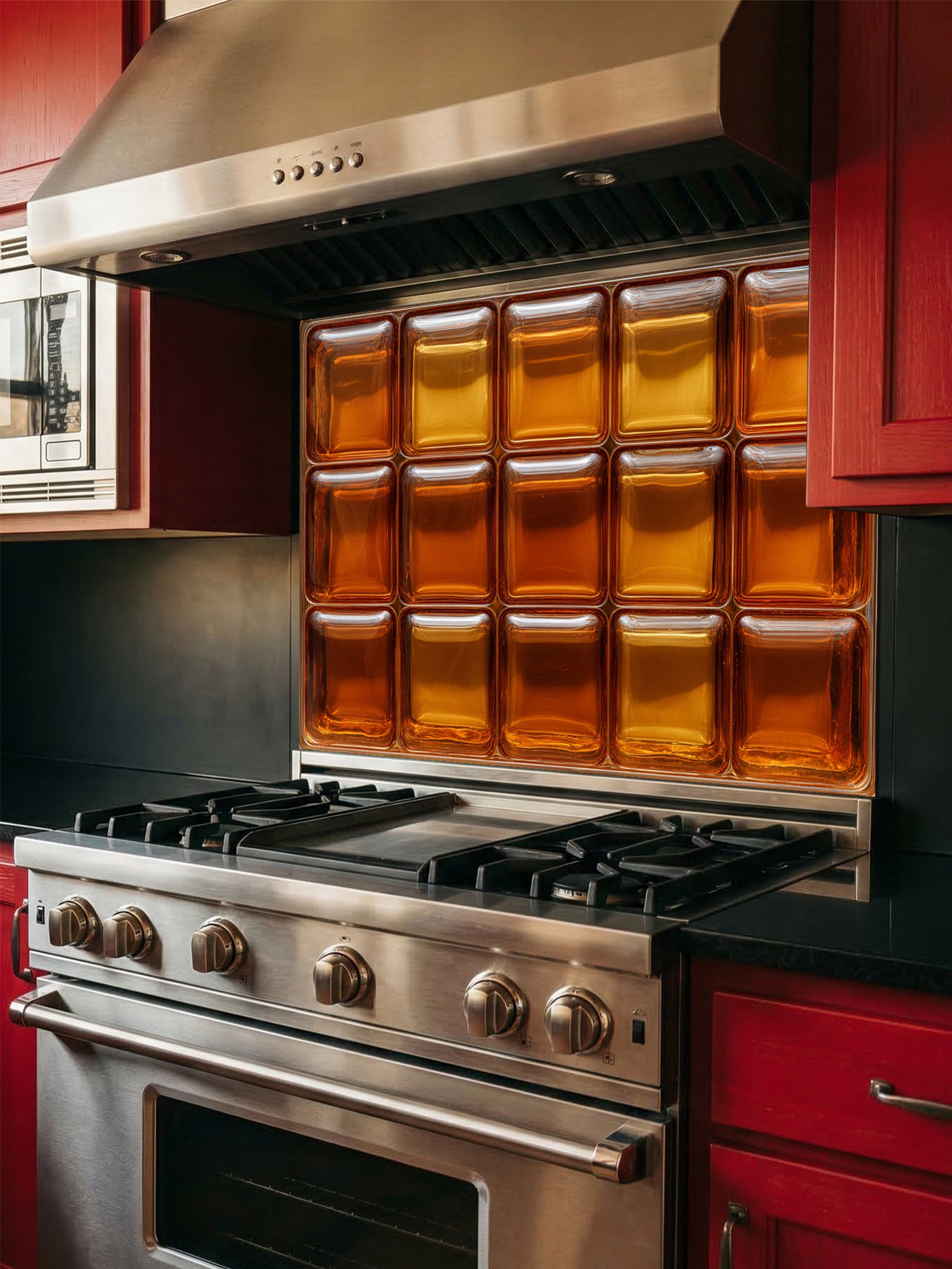 Tempered glass kitchen backsplash featuring a highly realistic 3D illusion of textured retro glass blocks in glowing, warm shades of amber and honey gold, installed behind a modern stainless steel stove.