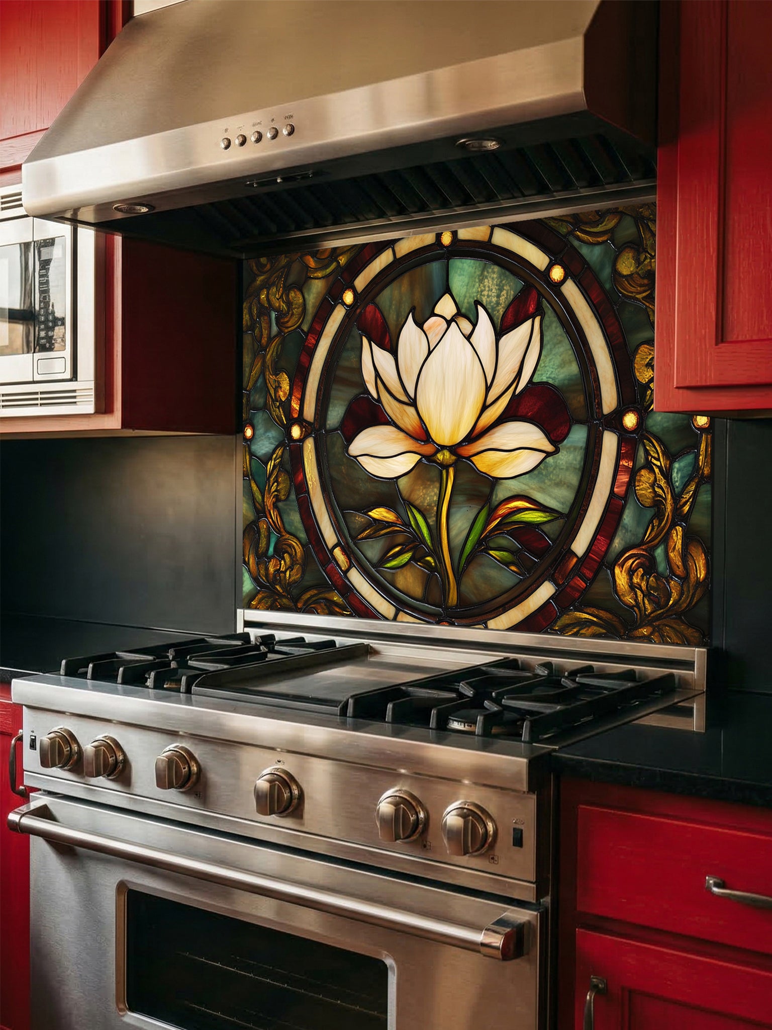 Tempered glass kitchen backsplash featuring a highly realistic faux stained glass design of a central white lotus flower surrounded by intricate Art Nouveau vines in rich emerald green and glowing amber tones, installed behind a modern stainless steel stove.