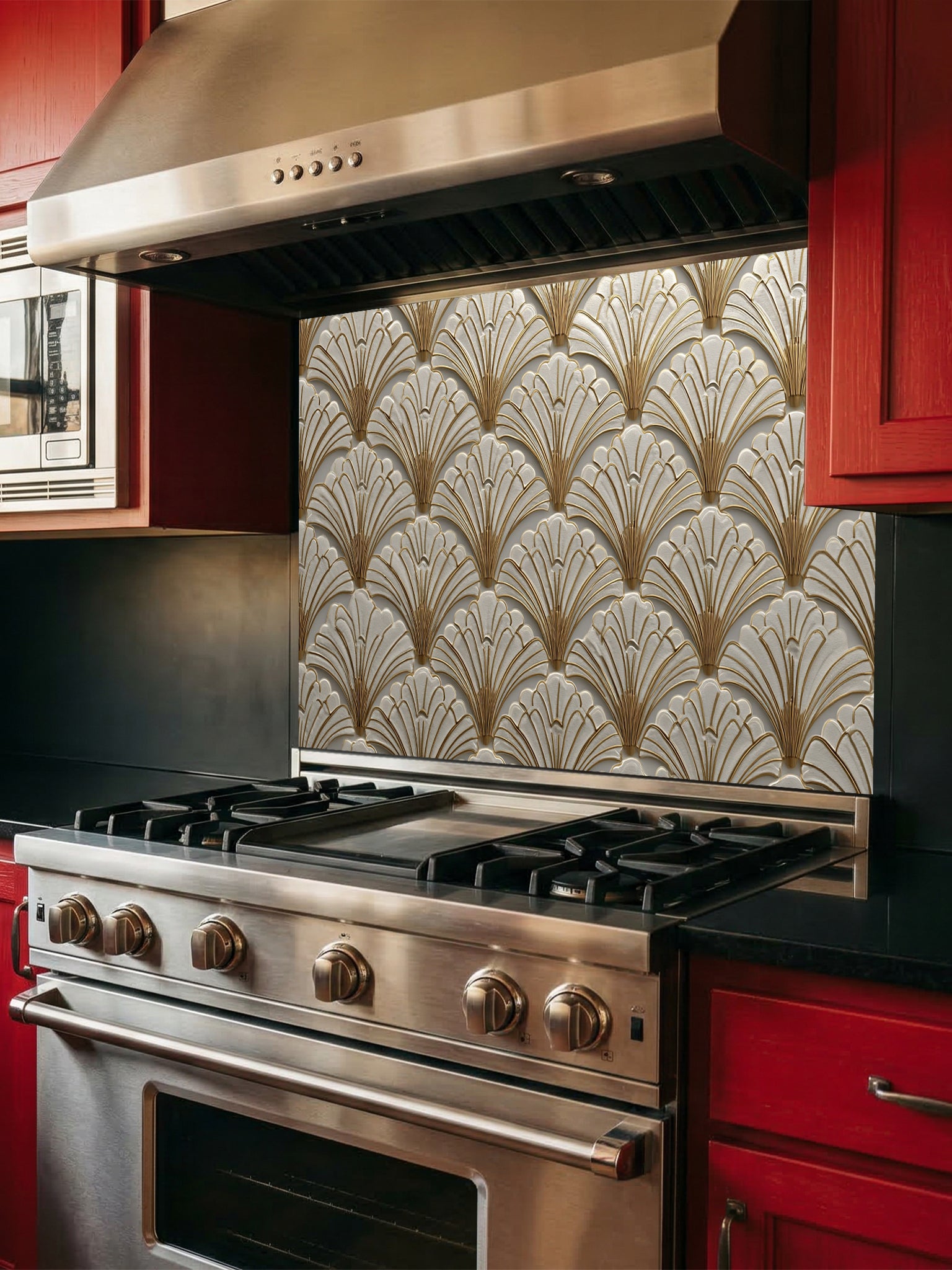 Tempered glass kitchen backsplash featuring a highly realistic 3D illusion of an Art Deco scalloped fan pattern in creamy ivory with elegant faux gold metallic outlines, installed behind a modern black stove.