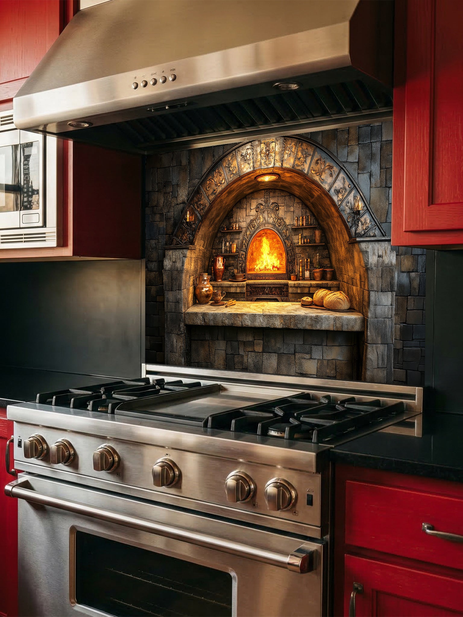 A cozy kitchen featuring a tempered glass backsplash with a highly realistic 3D illusion of a rustic stone oven, glowing fire, and vintage copper cookware, installed behind a modern black stove.