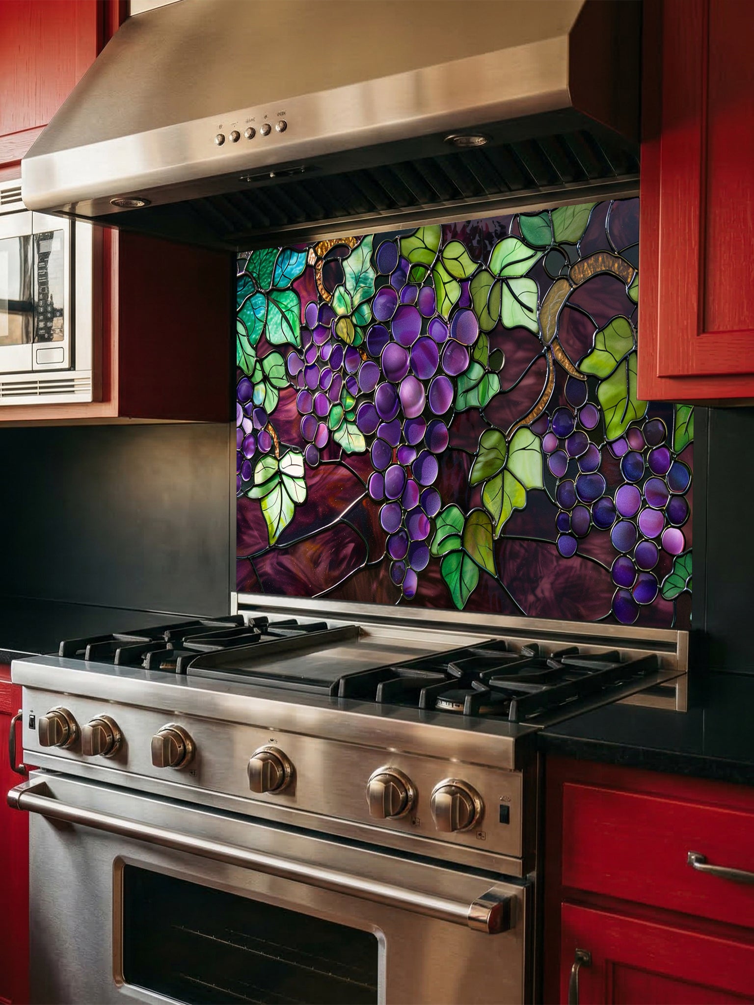 Stained glass style purple grapes and green vine leaves, UV printed on a smooth tempered glass kitchen backsplash, installed behind a modern stove.