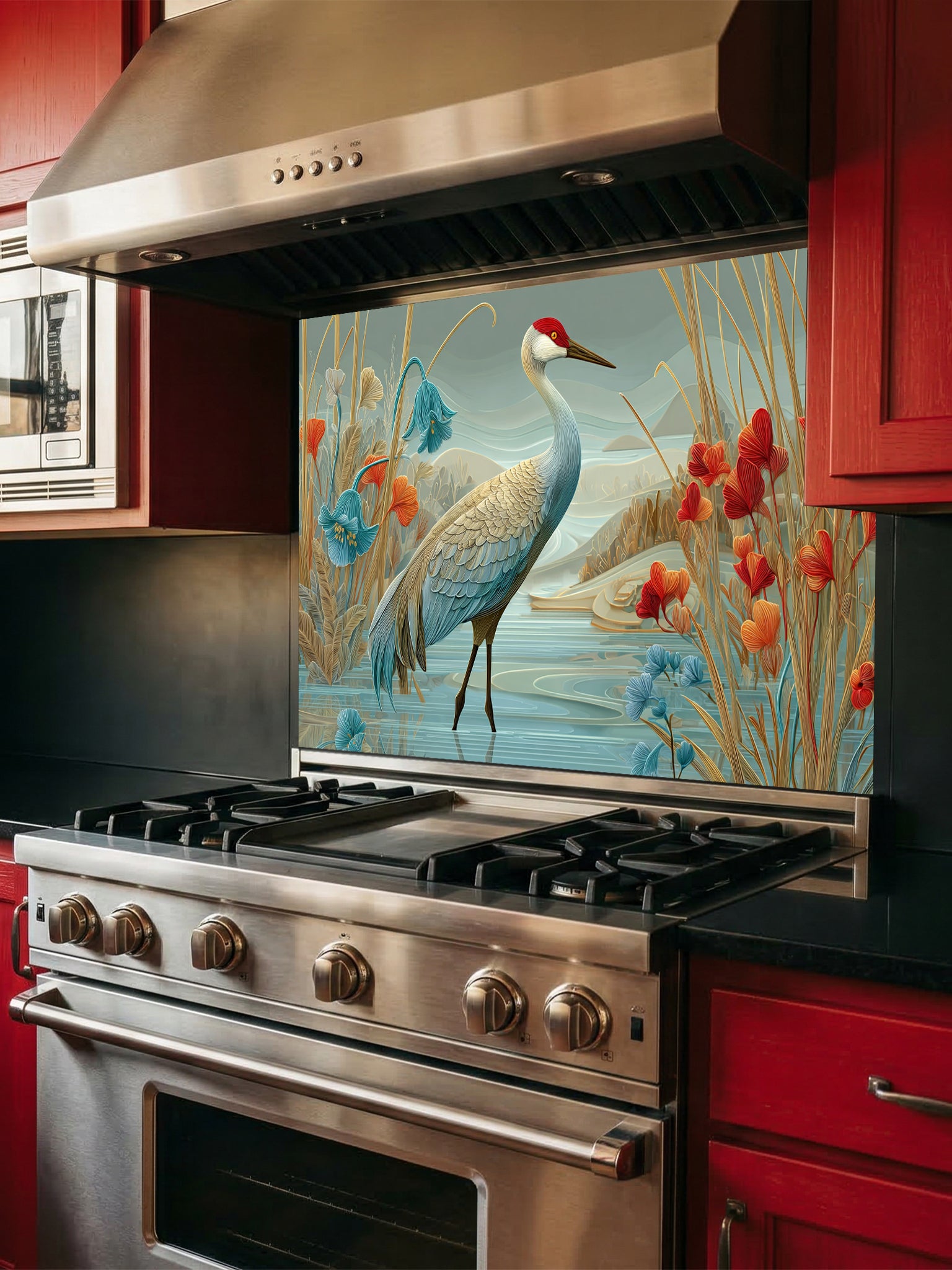 Tempered glass kitchen backsplash featuring a highly realistic illustrative design of a majestic crane standing in water among stylized red poppies and bluebell flowers against a sage green sky, installed behind a modern black stove.
