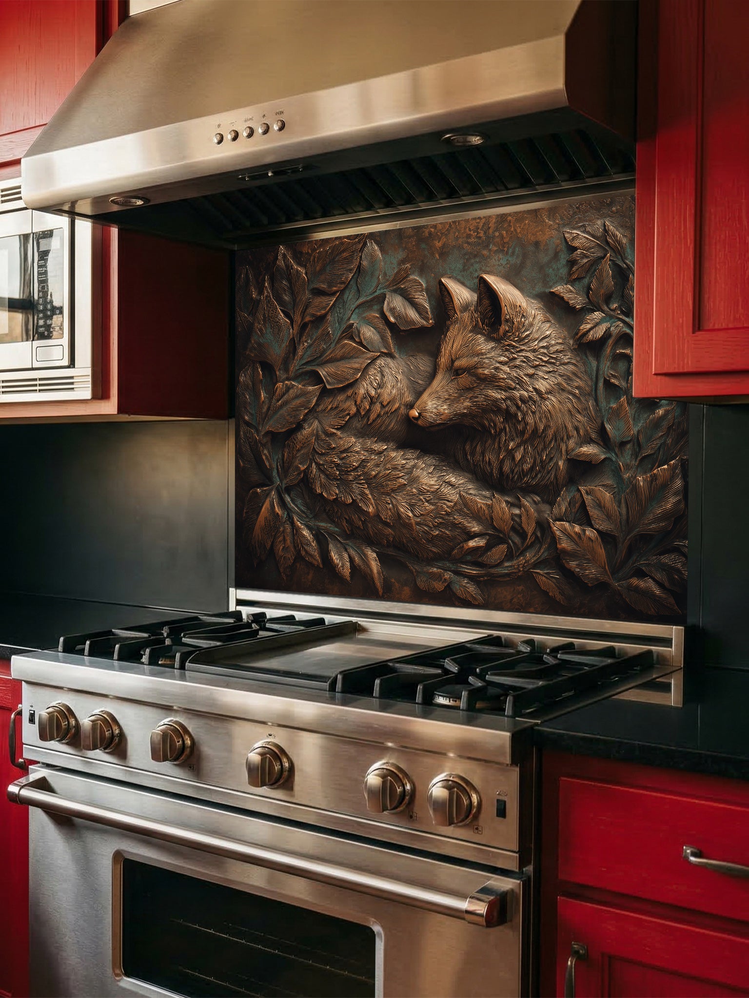 A sleek kitchen featuring a tempered glass backsplash with a highly realistic 3D illusion of an antique copper embossed fox resting among leaves, installed behind a modern stainless steel stove.