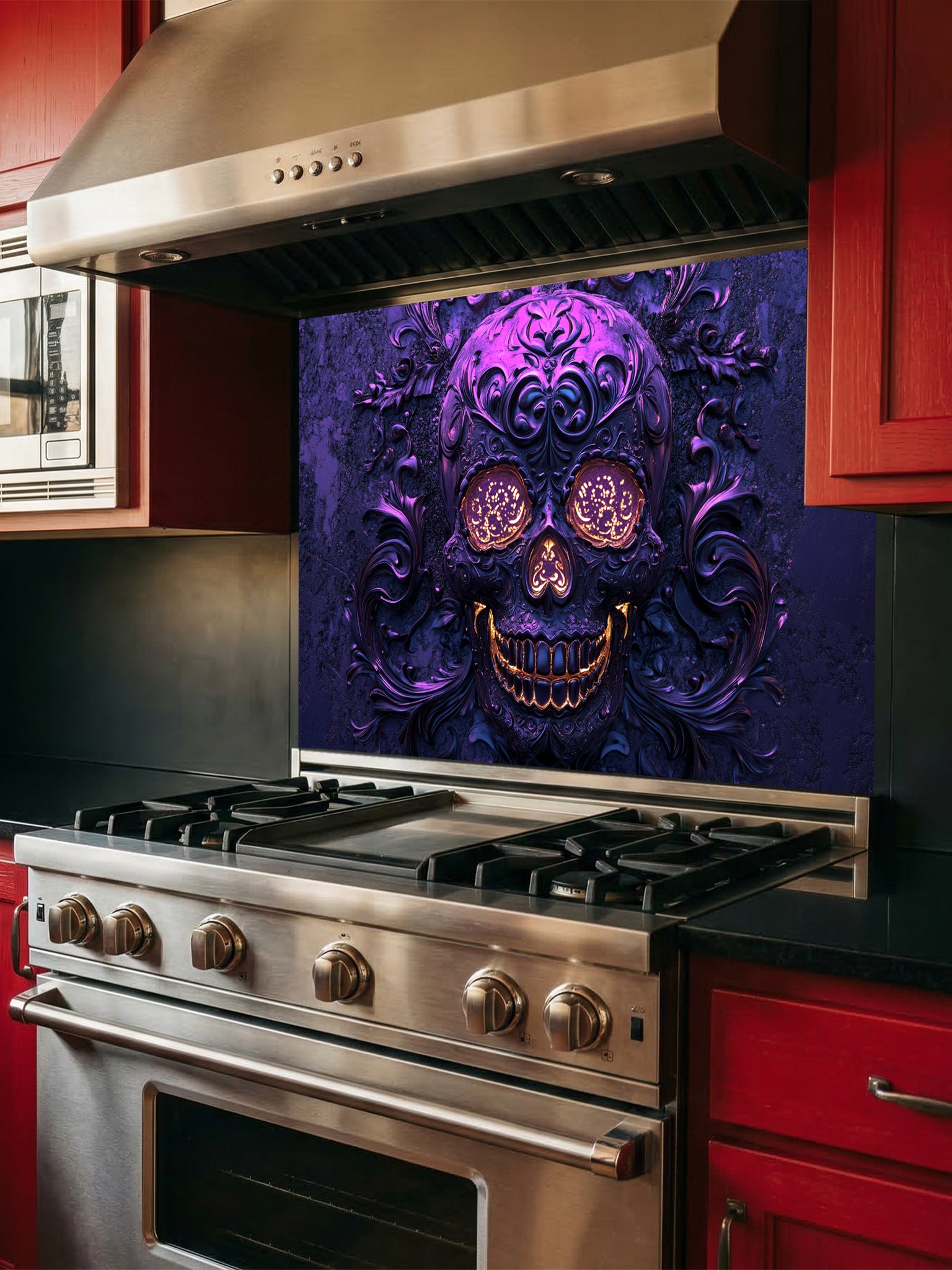 Tempered glass kitchen backsplash featuring a highly realistic 3D illusion of an embossed, intricately carved gothic skull with glowing gold eyes and teeth, surrounded by dark purple baroque filigree swirls, installed behind a modern black stove.