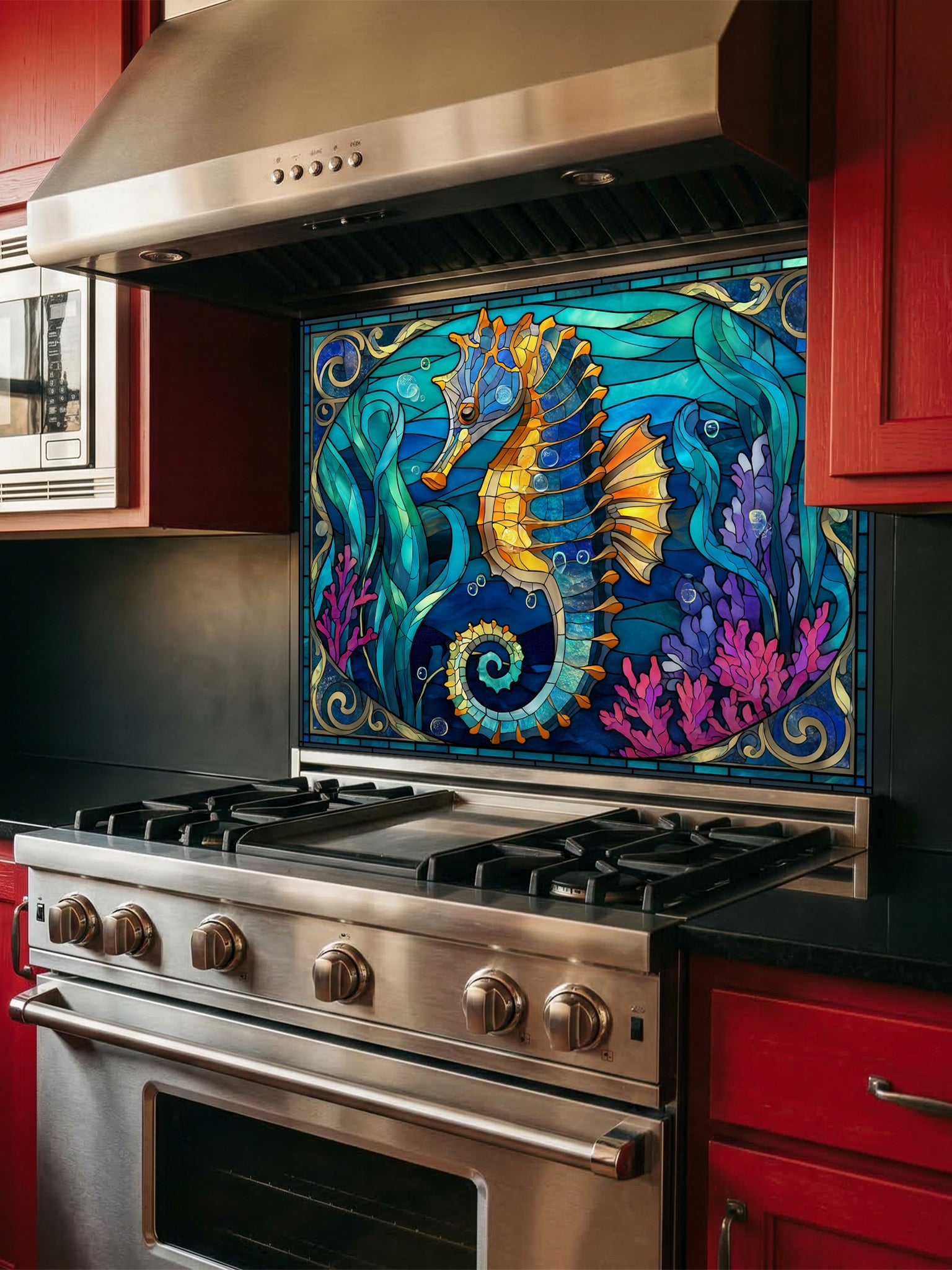 Faux stained glass pattern featuring a vibrant golden seahorse, magenta corals, and swirling turquoise ocean waves, UV printed on a smooth tempered glass kitchen backsplash.