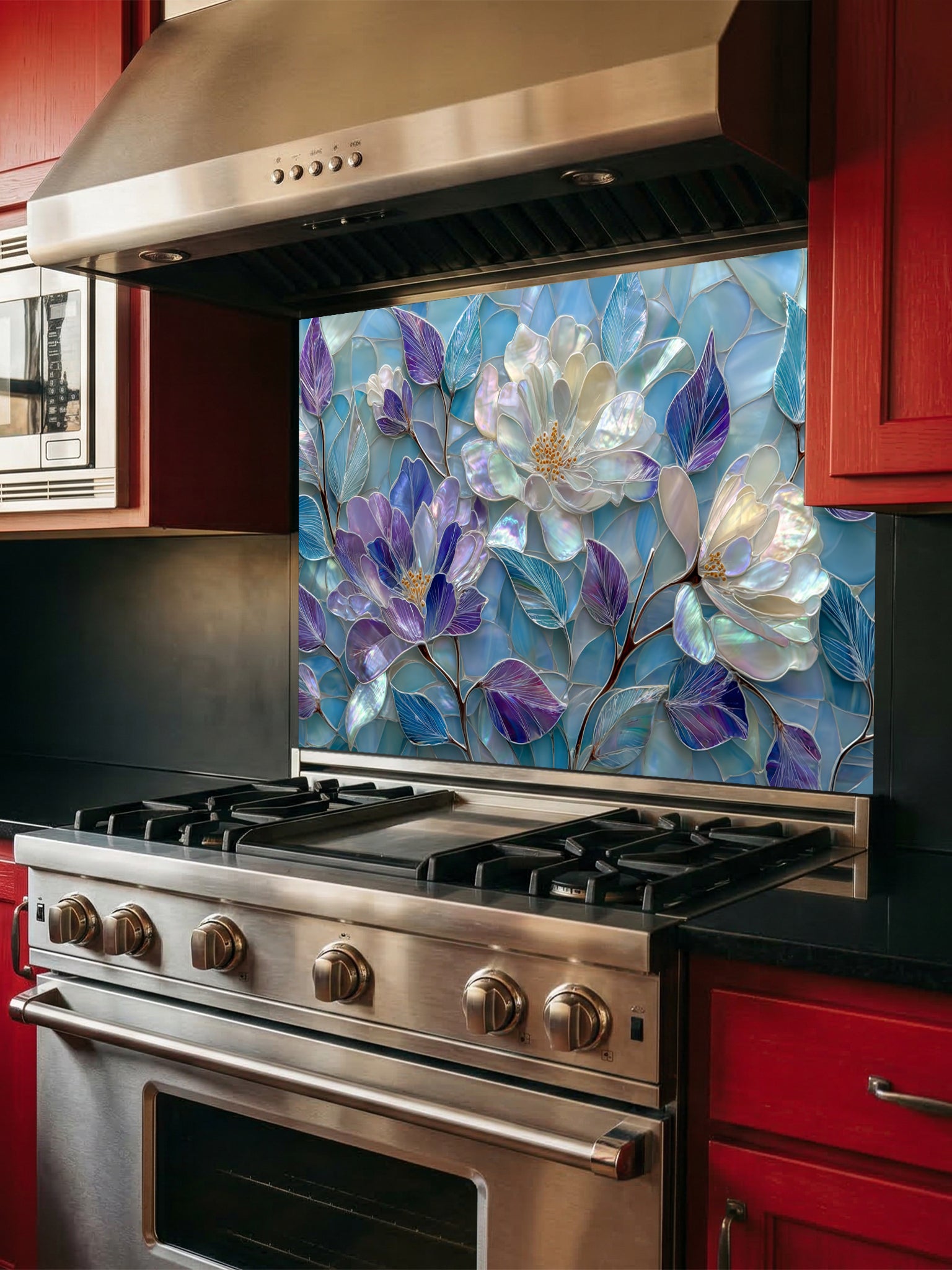 Tempered glass kitchen backsplash featuring a highly realistic 3D illusion of stained glass and mother-of-pearl mosaic art, showing large, elegant blooming flowers in iridescent shades of pearlescent white, lavender, and purple with flowing aqua blue leaves, installed behind a modern black stove.