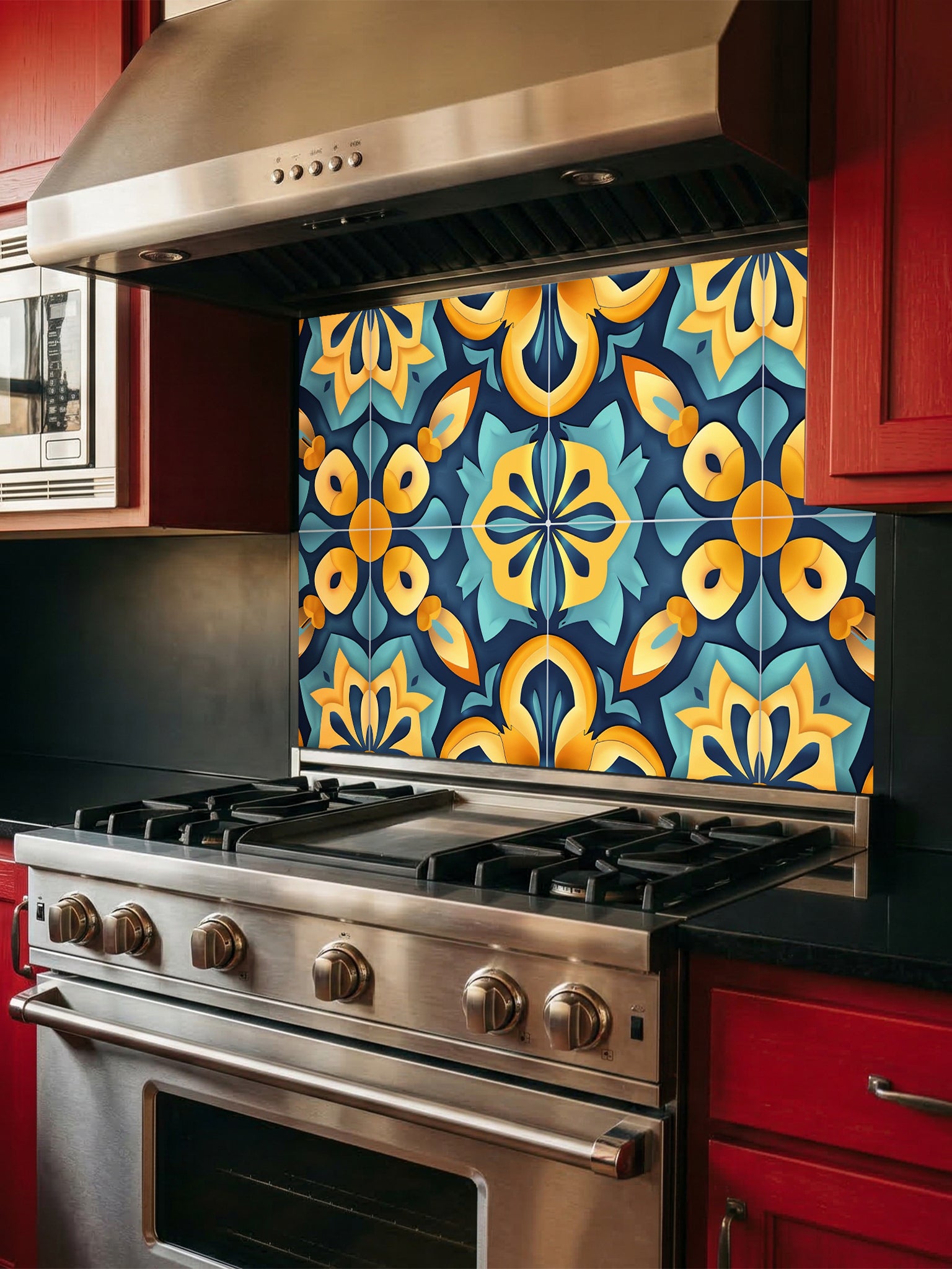 Tempered glass kitchen backsplash featuring a highly realistic illusion of traditional Moroccan encaustic tiles, showcasing a vibrant geometric floral pattern in teal, golden yellow, and deep navy, installed behind a modern black stove.