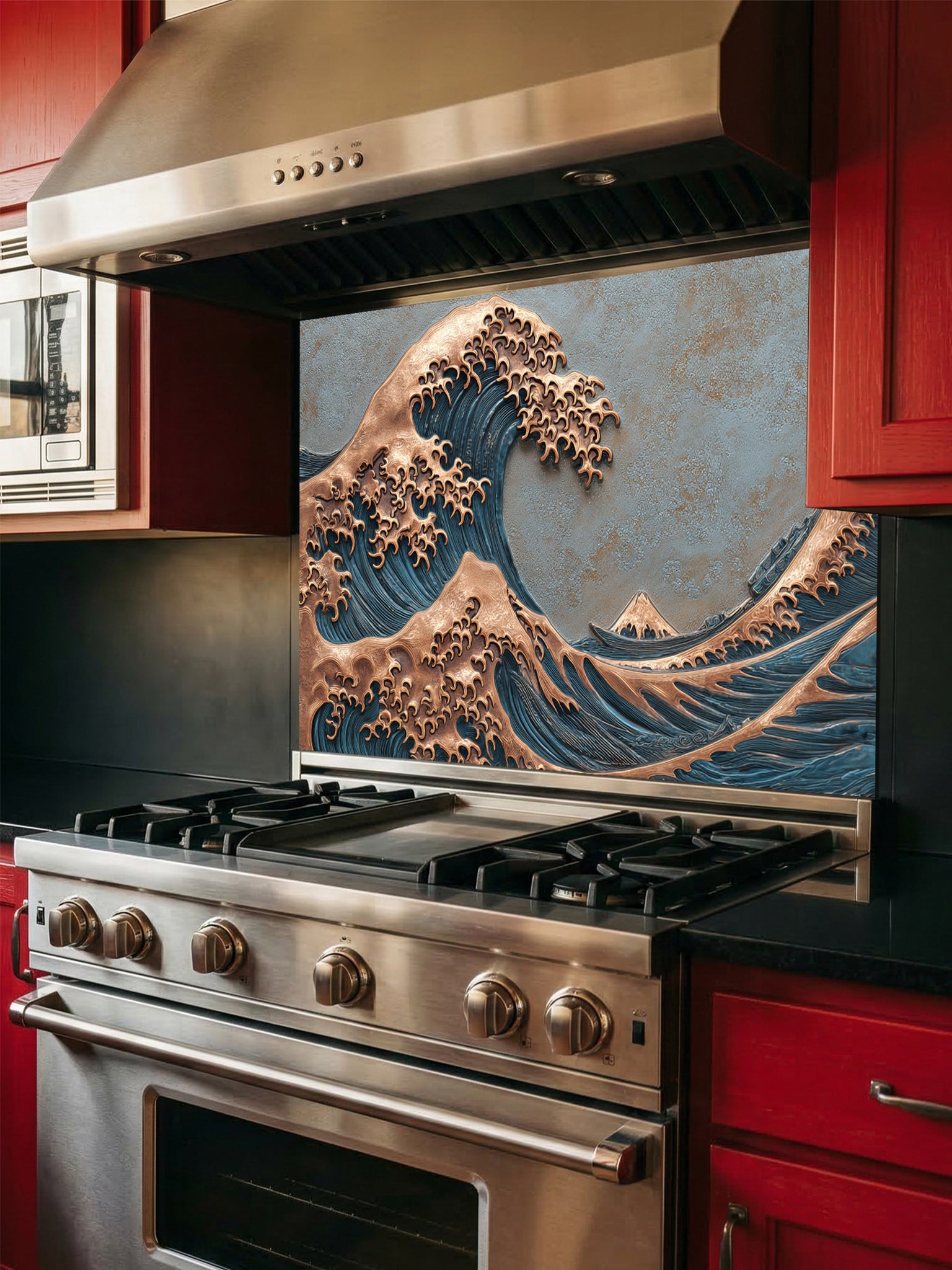 Tempered glass kitchen backsplash featuring a highly realistic 3D faux metal relief design of the Great Wave off Kanagawa, showcasing a striking contrast between deep blue water textures and embossed copper wave crests, installed behind a modern stainless steel stove.