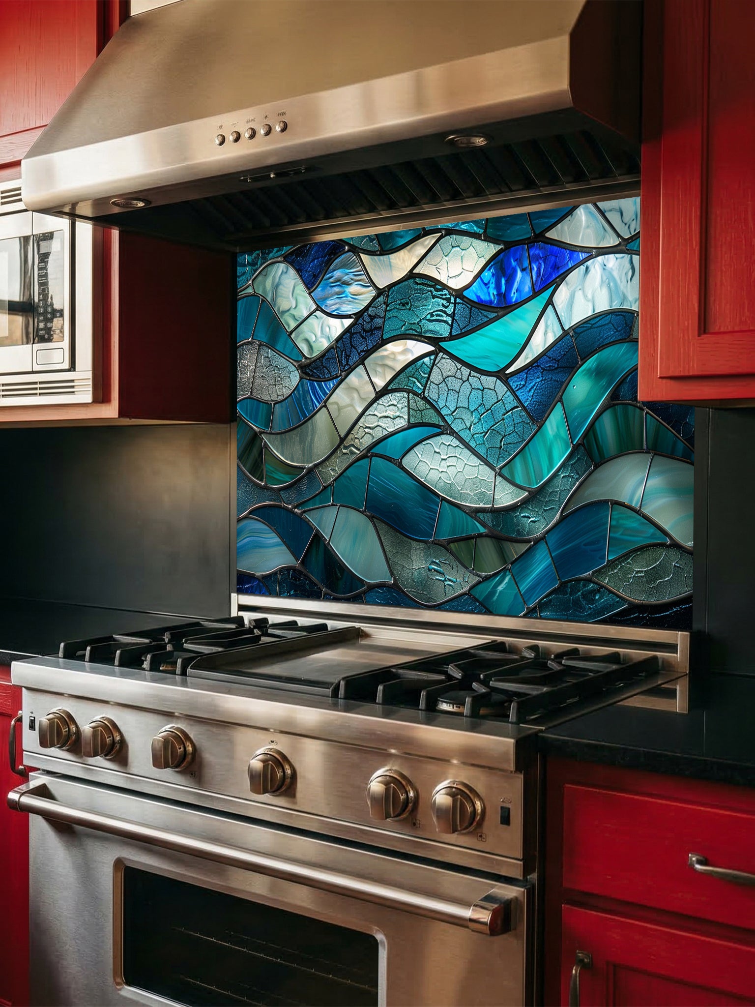 Tempered glass kitchen backsplash featuring a highly realistic 3D illusion of stained glass or sea glass art showing flowing, overlapping ocean waves in vibrant translucent shades of sapphire blue, teal, and aquamarine, installed behind a modern black stove.