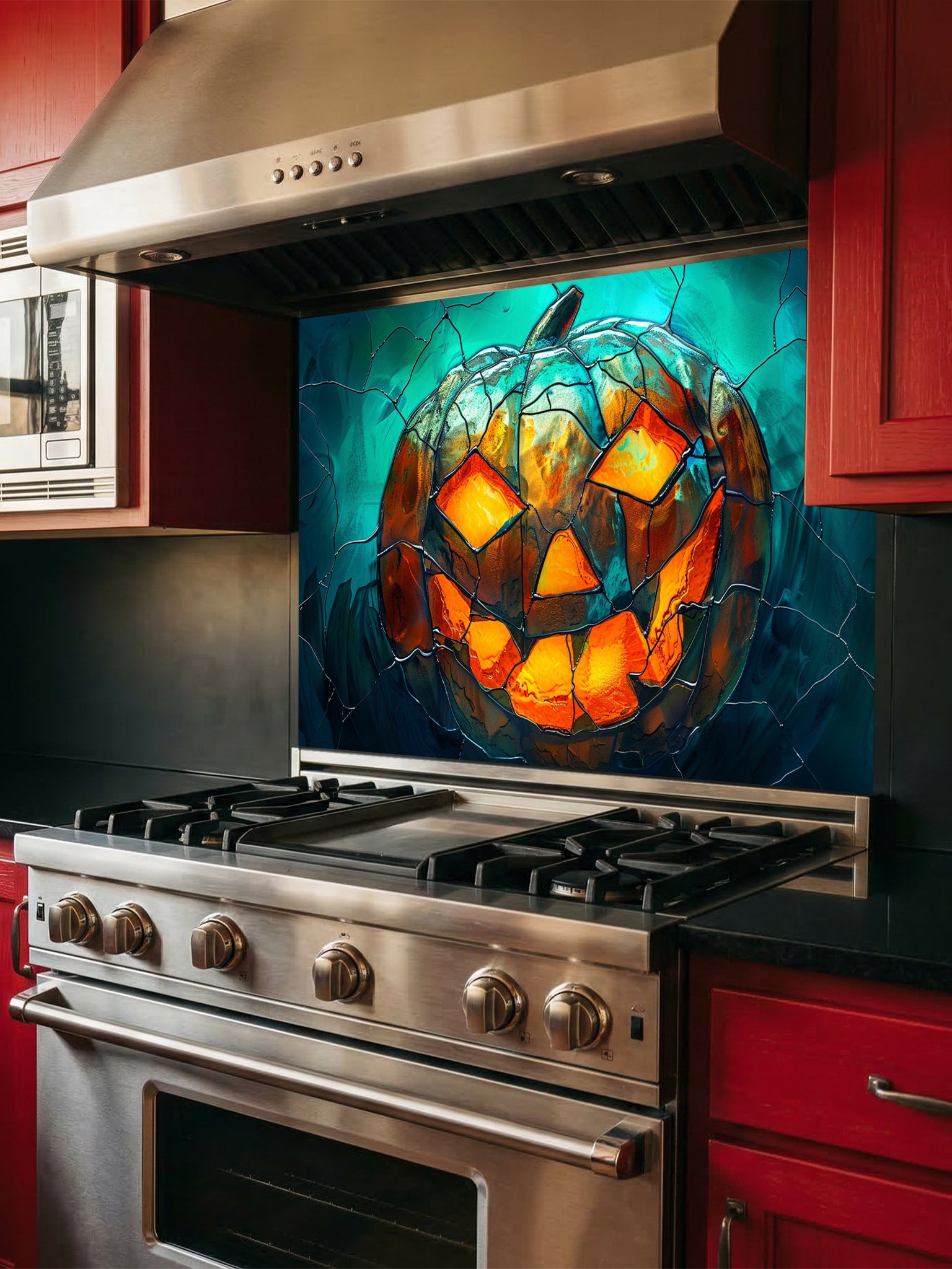 Tempered glass kitchen backsplash featuring a highly realistic 3D illusion of stained glass art showing a spooky Jack-o'-lantern pumpkin with glowing fiery orange eyes and mouth against a dark teal cracked glass background, installed behind a modern black stove.
