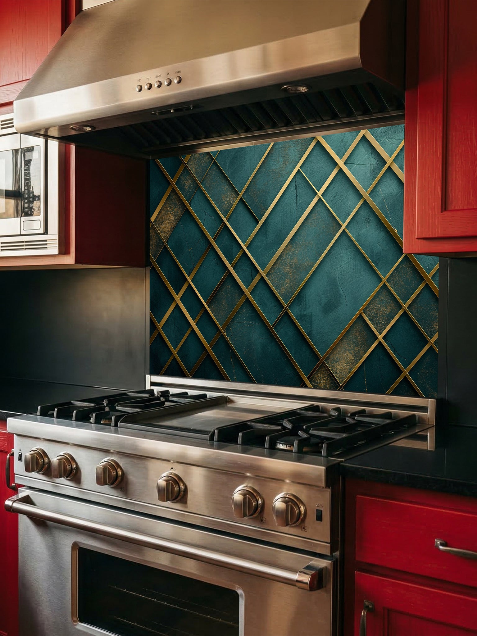 Tempered glass kitchen backsplash featuring a highly realistic 3D illusion of a textured emerald green and teal background crossed by elegant, abstract metallic gold geometric lines, installed behind a modern black stove.